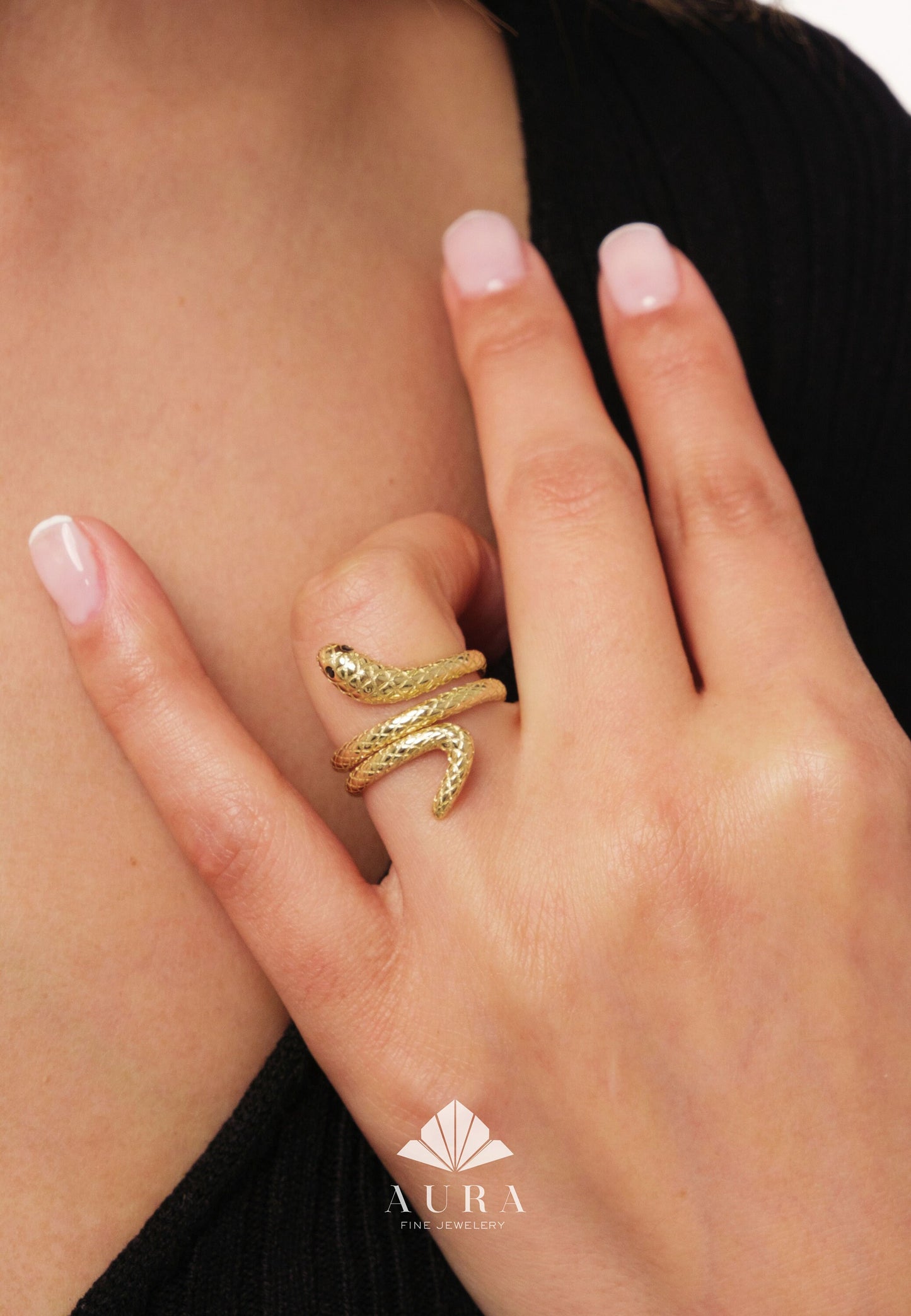 14k Gold Snake Ring, Snake Ring with Emerald Eyes, Statement Ring, Animal Ring, Dainty Serpent Ring, Wrap Around Snake Ring, Gift For Her