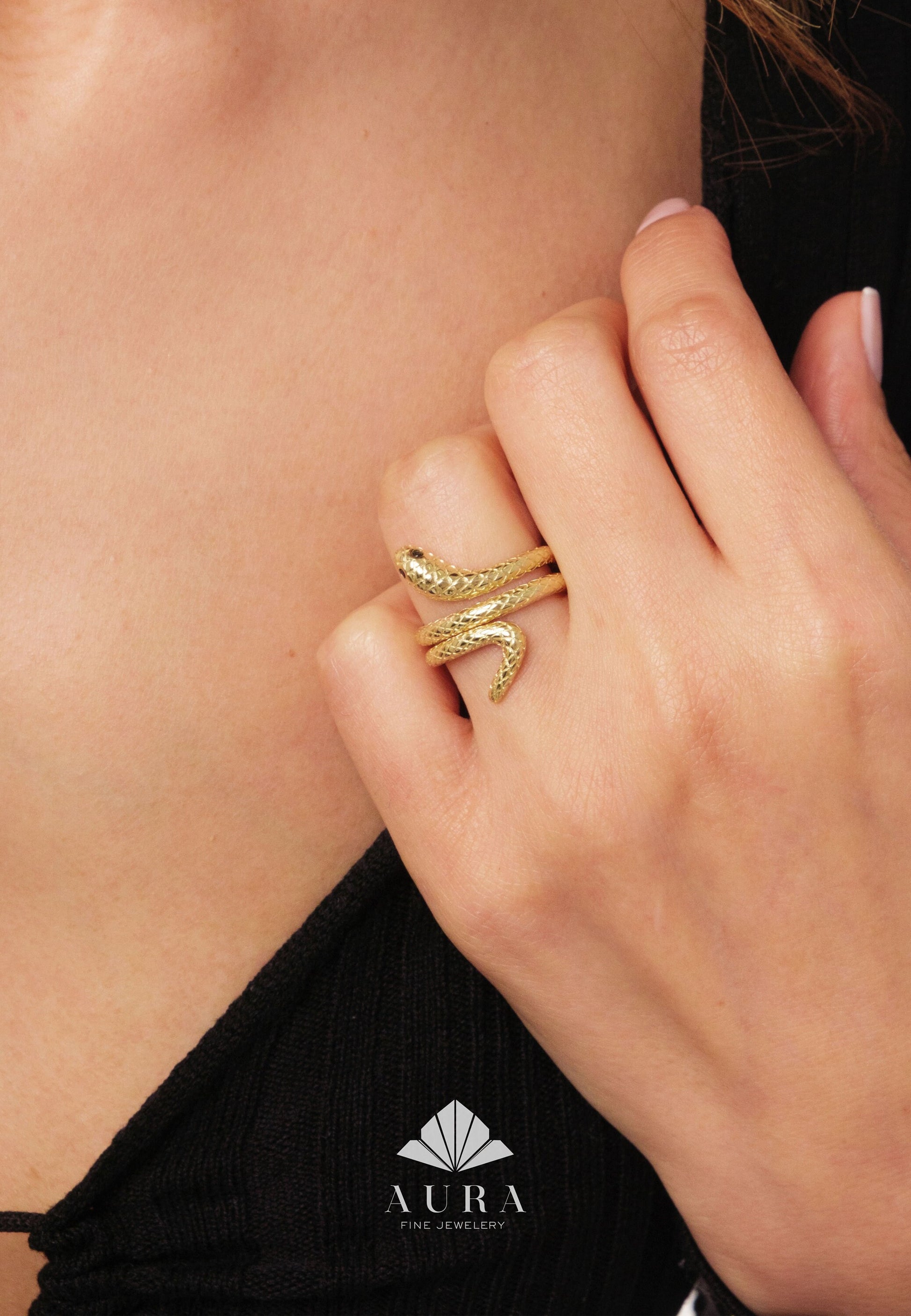 14k Gold Snake Ring, Snake Ring with Emerald Eyes, Statement Ring, Animal Ring, Dainty Serpent Ring, Wrap Around Snake Ring, Gift For Her