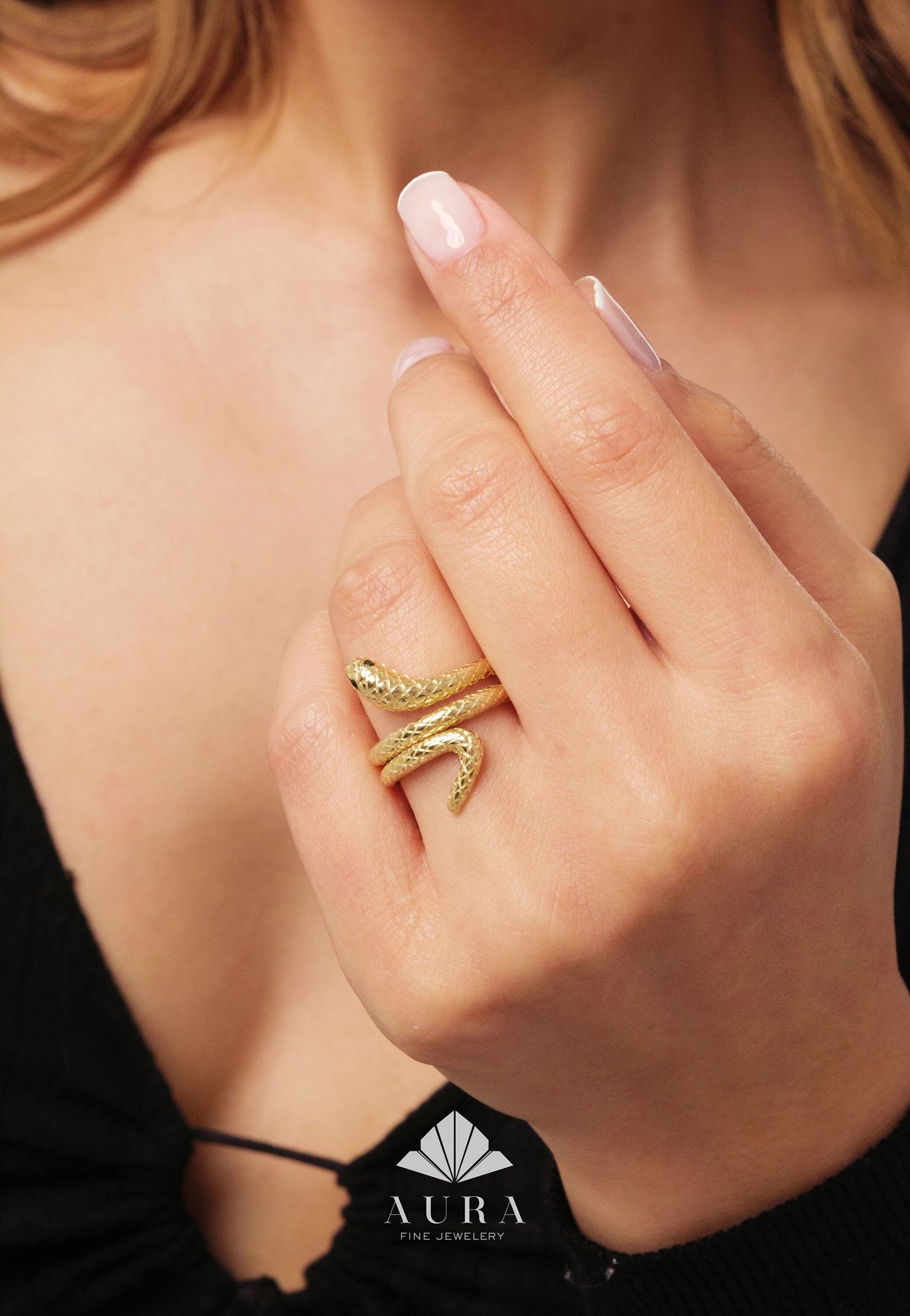 14k Gold Snake Ring, Snake Ring with Emerald Eyes, Statement Ring, Animal Ring, Dainty Serpent Ring, Wrap Around Snake Ring, Gift For Her
