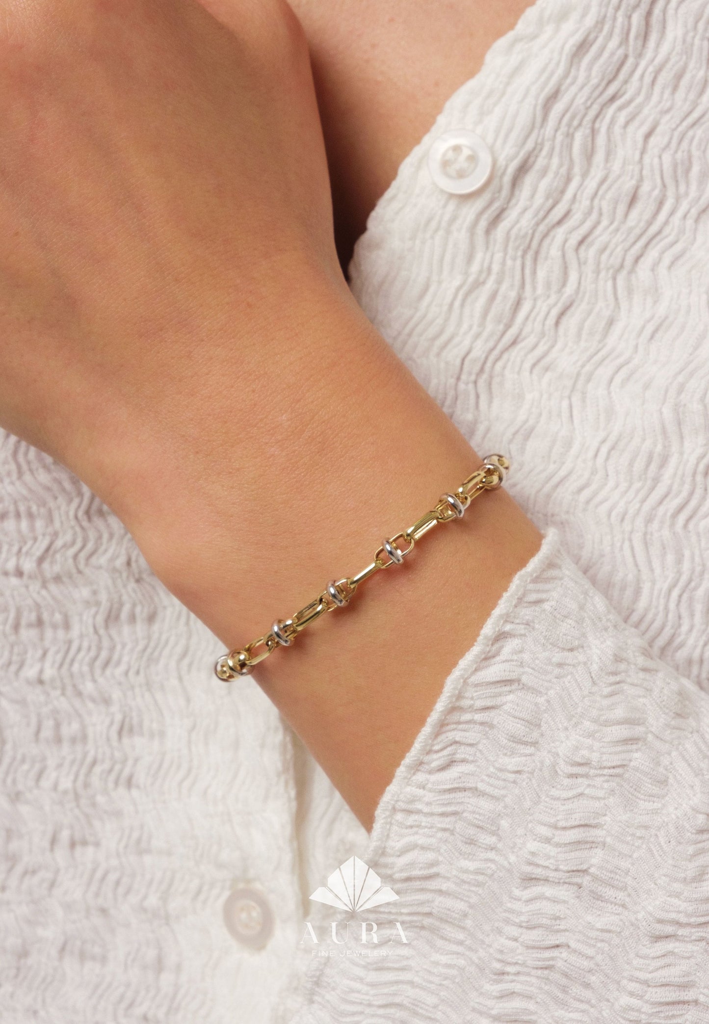14K Gold Two Tone Chain Bracelet, Vintage Fancy Design Gold Bracelet, Rectangle Paperclip Chain, Oval Link Chain Bracelet, Gift For Her