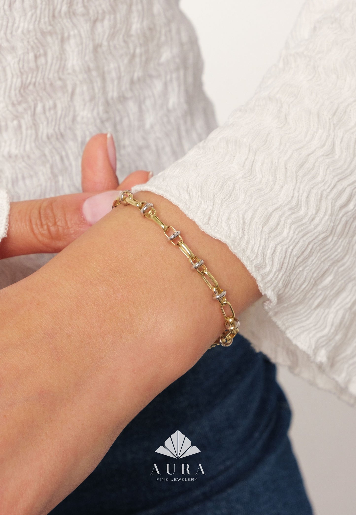 14K Gold Two Tone Chain Bracelet, Vintage Fancy Design Gold Bracelet, Rectangle Paperclip Chain, Oval Link Chain Bracelet, Gift For Her