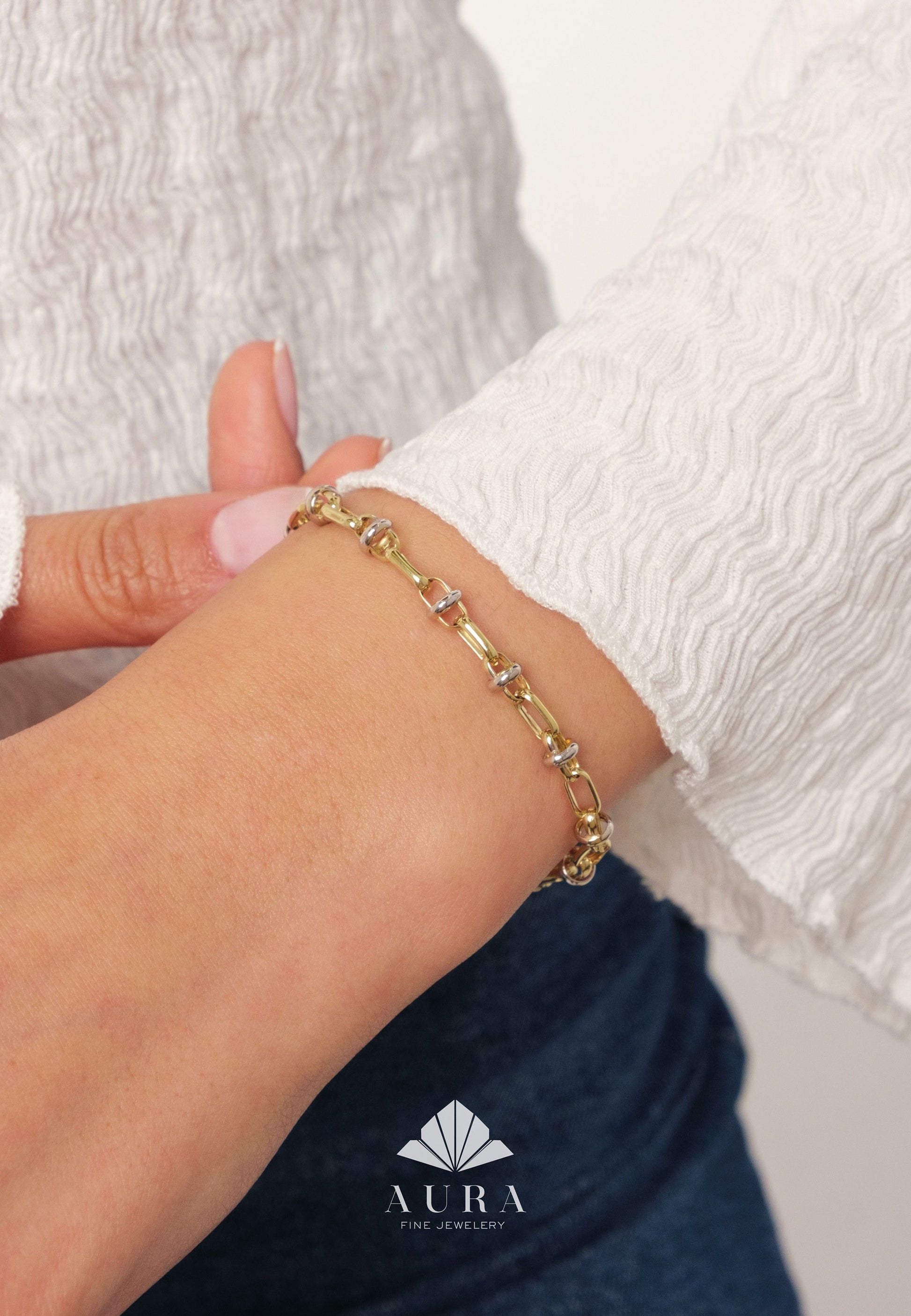 14K Gold Two Tone Chain Bracelet, Vintage Fancy Design Gold Bracelet, Rectangle Paperclip Chain, Oval Link Chain Bracelet, Gift For Her