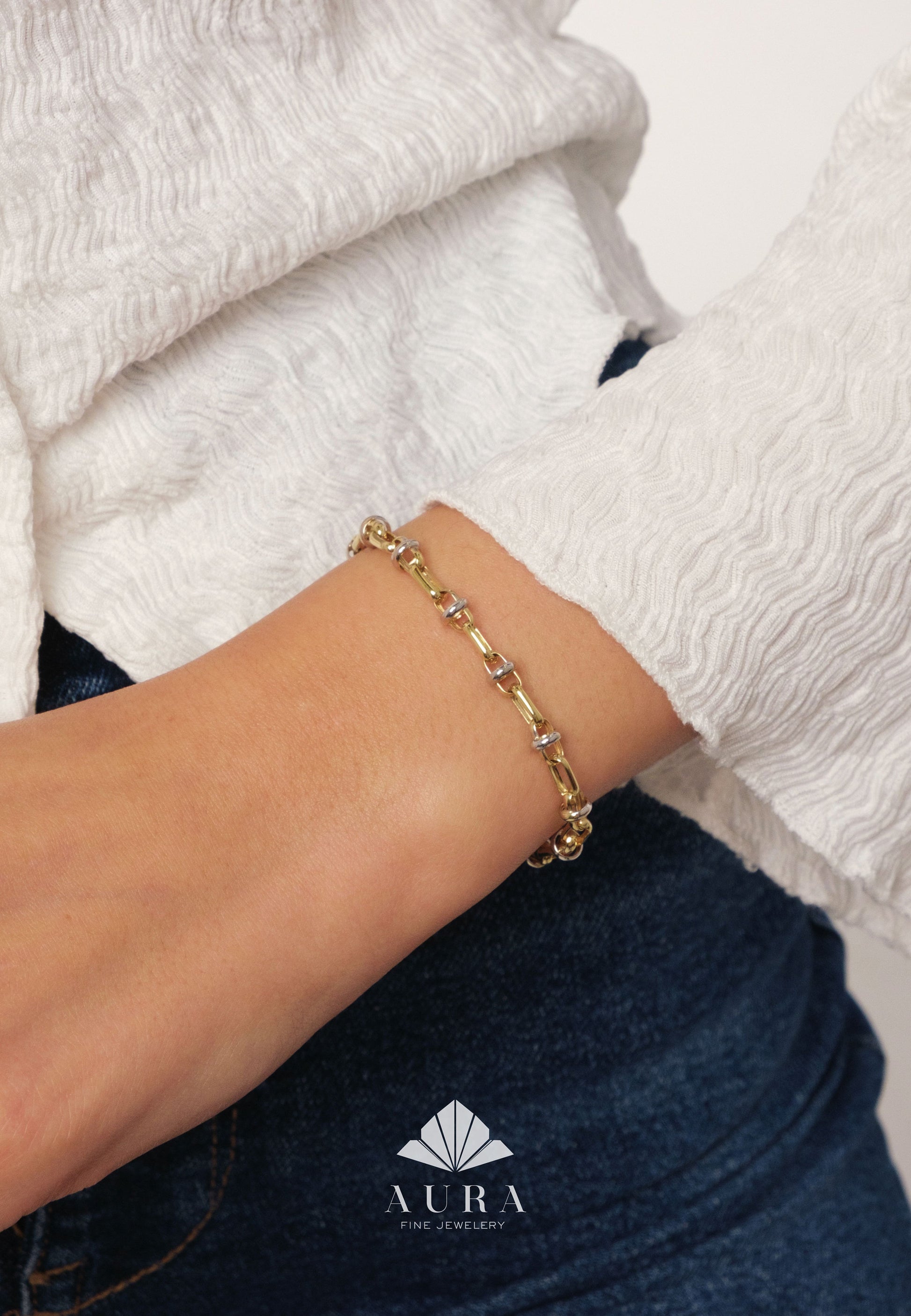 14K Gold Two Tone Chain Bracelet, Vintage Fancy Design Gold Bracelet, Rectangle Paperclip Chain, Oval Link Chain Bracelet, Gift For Her