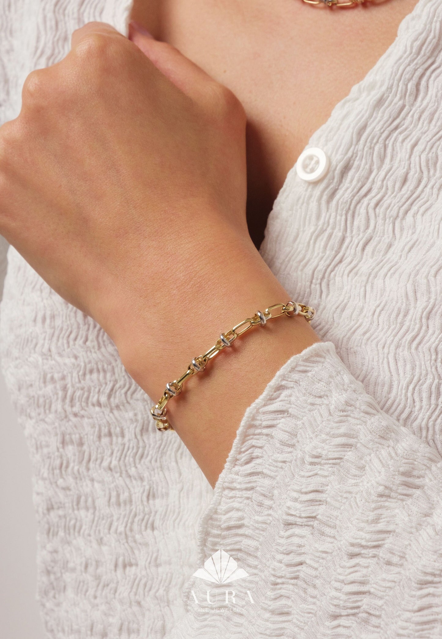 14K Gold Two Tone Chain Bracelet, Vintage Fancy Design Gold Bracelet, Rectangle Paperclip Chain, Oval Link Chain Bracelet, Gift For Her