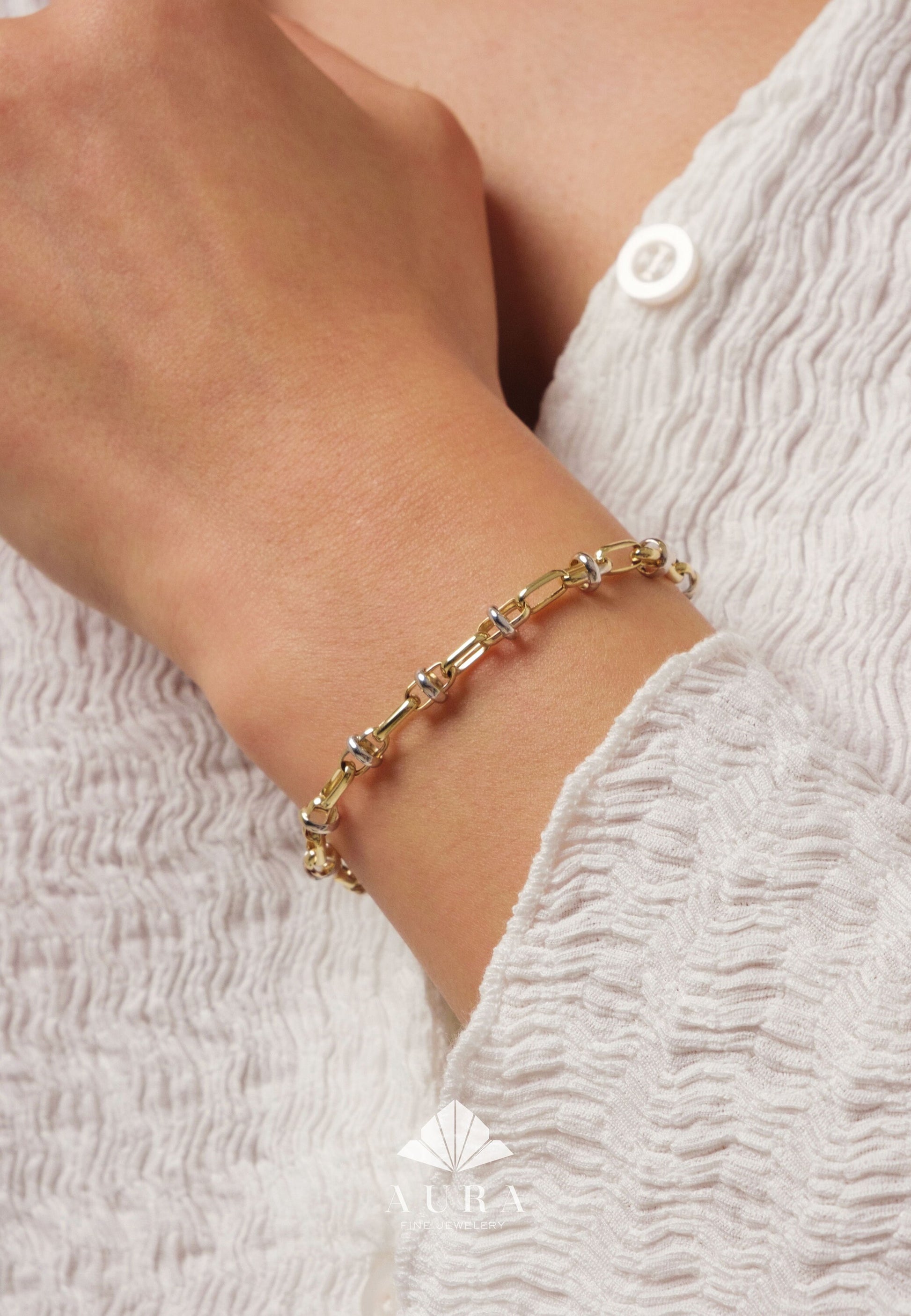 14K Gold Two Tone Chain Bracelet, Vintage Fancy Design Gold Bracelet, Rectangle Paperclip Chain, Oval Link Chain Bracelet, Gift For Her