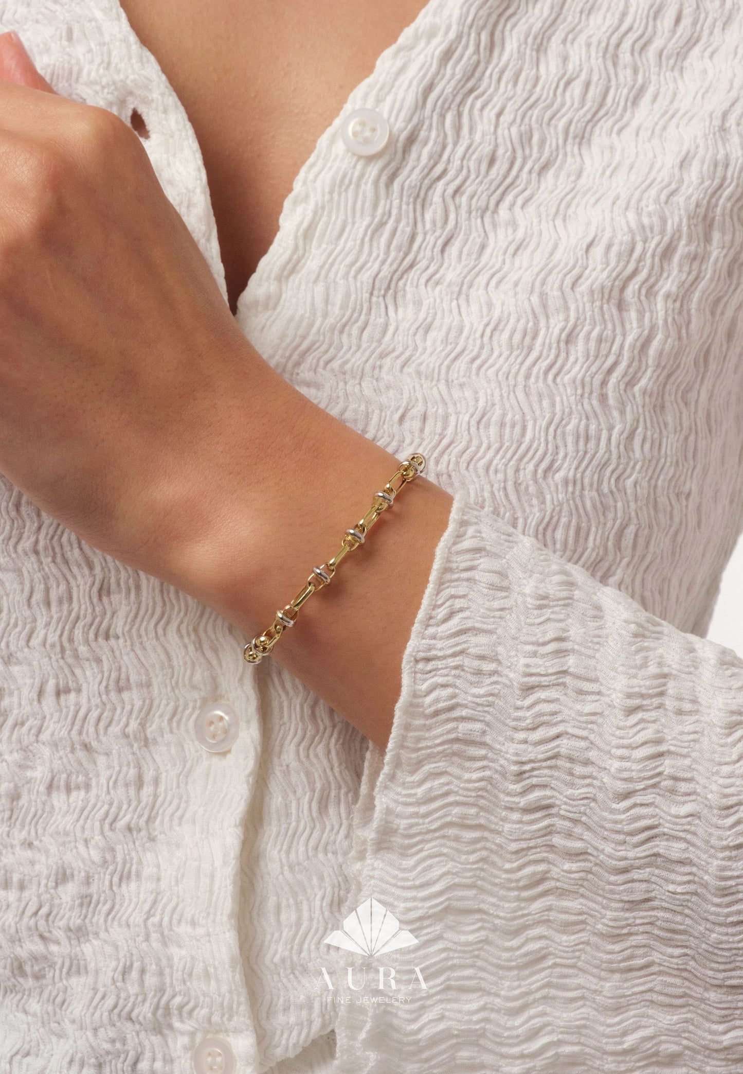 14K Gold Two Tone Chain Bracelet, Vintage Fancy Design Gold Bracelet, Rectangle Paperclip Chain, Oval Link Chain Bracelet, Gift For Her