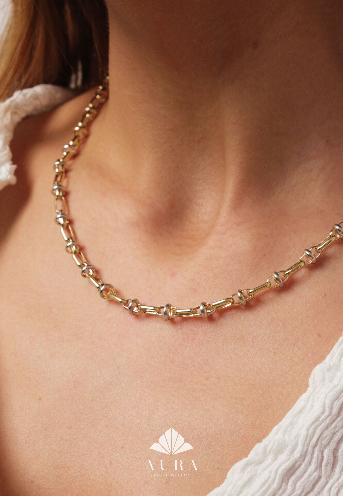 14K Gold Two Tone Chain Necklace, Vintage Fancy Design Gold Necklace, Rectangle Paperclip Chain, Oval Link Chain Choker, Gift For Her