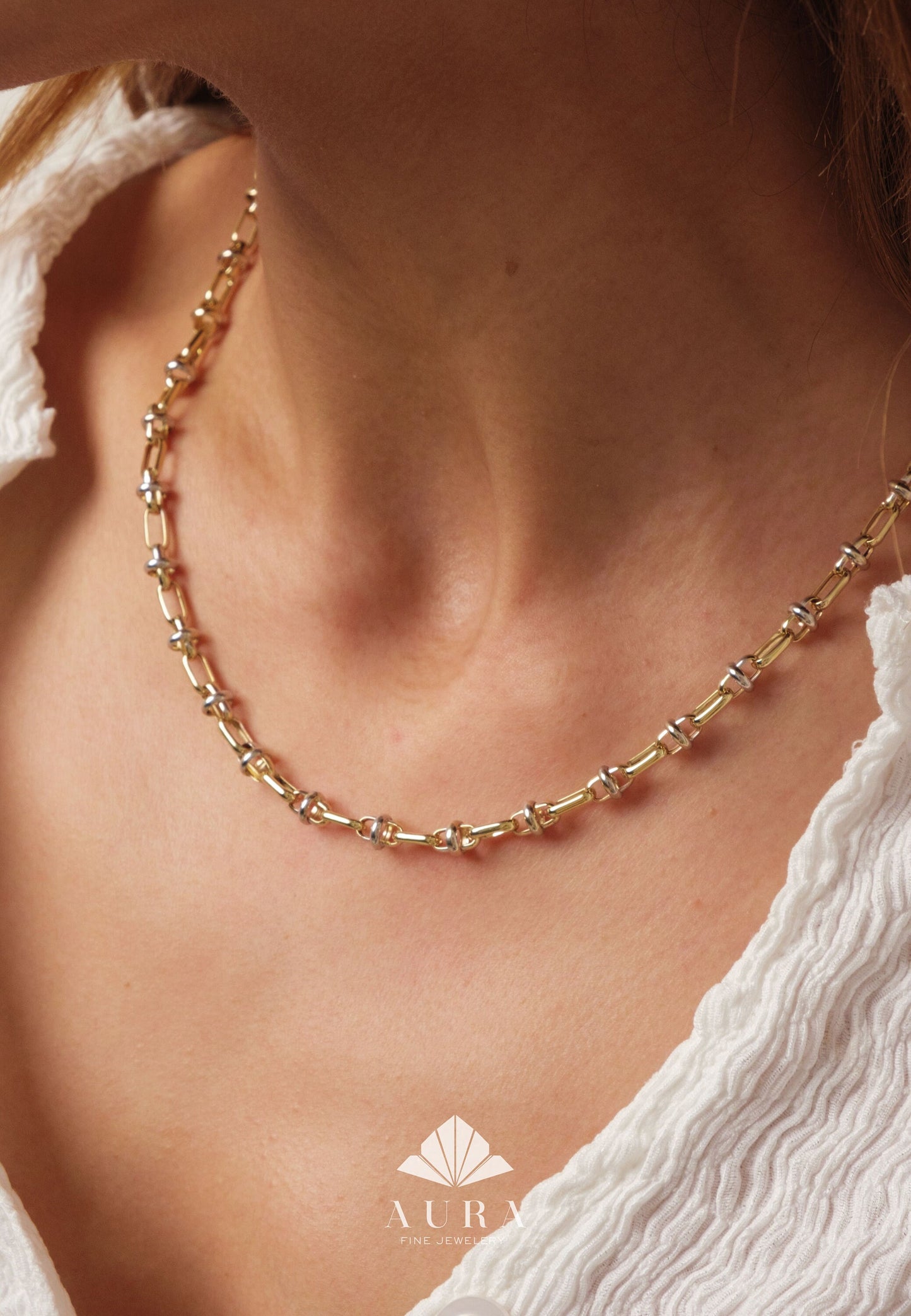 14K Gold Two Tone Chain Necklace, Vintage Fancy Design Gold Necklace, Rectangle Paperclip Chain, Oval Link Chain Choker, Gift For Her
