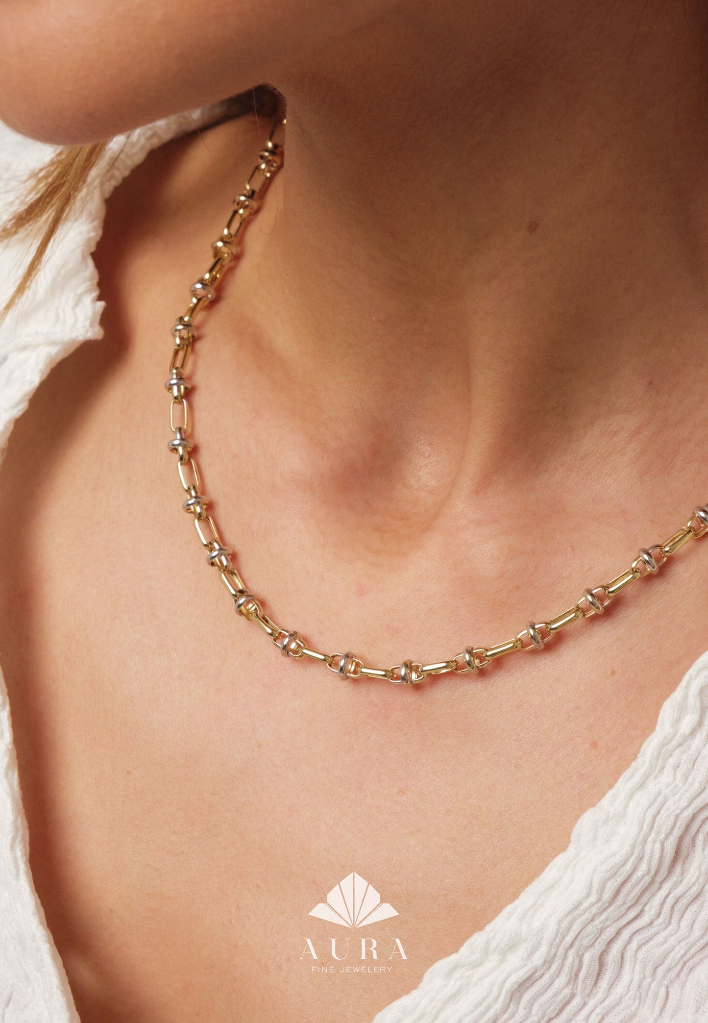 14K Gold Two Tone Chain Necklace, Vintage Fancy Design Gold Necklace, Rectangle Paperclip Chain, Oval Link Chain Choker, Gift For Her