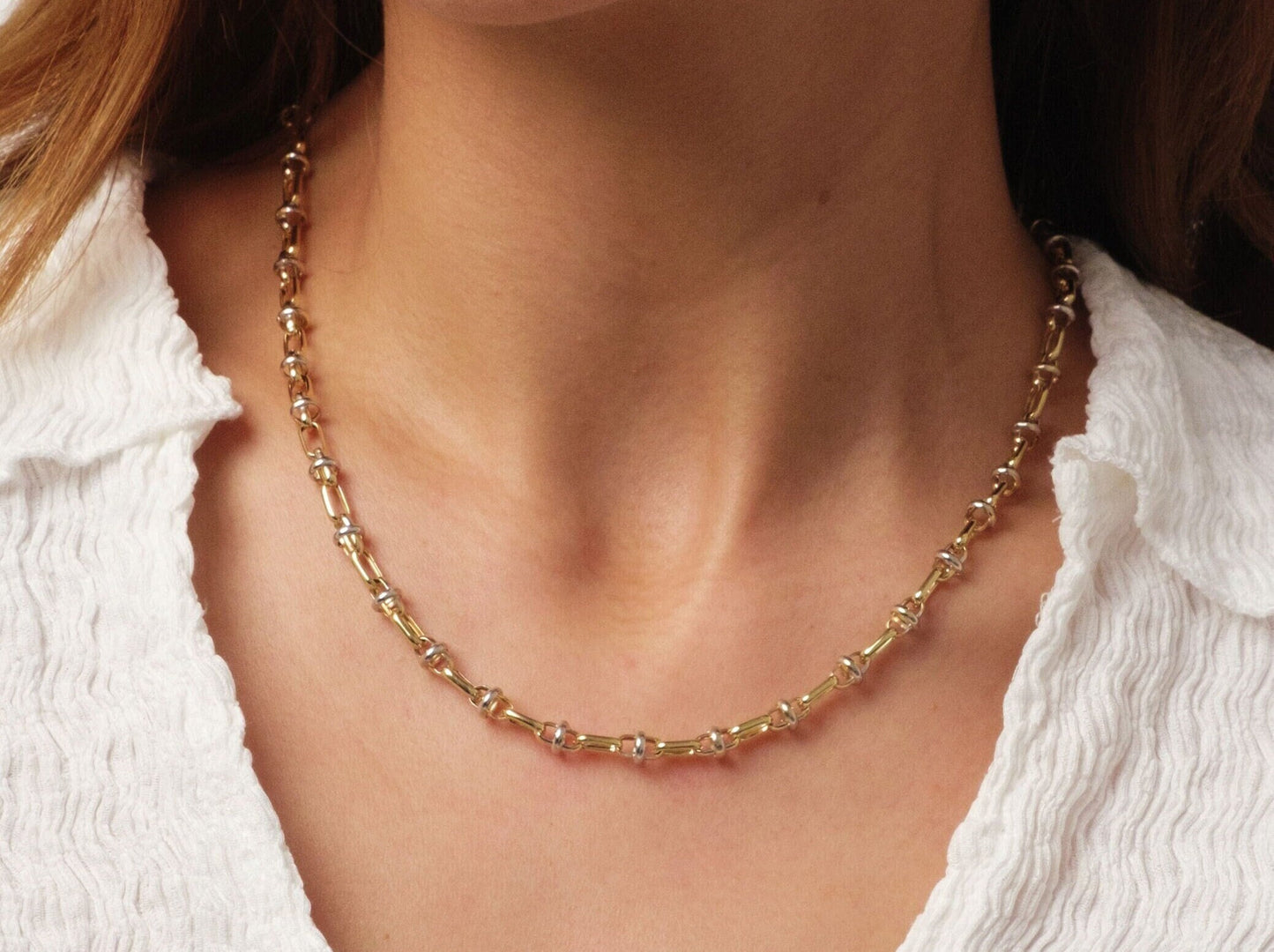 14K Gold Two Tone Chain Necklace, Vintage Fancy Design Gold Necklace, Rectangle Paperclip Chain, Oval Link Chain Choker, Gift For Her