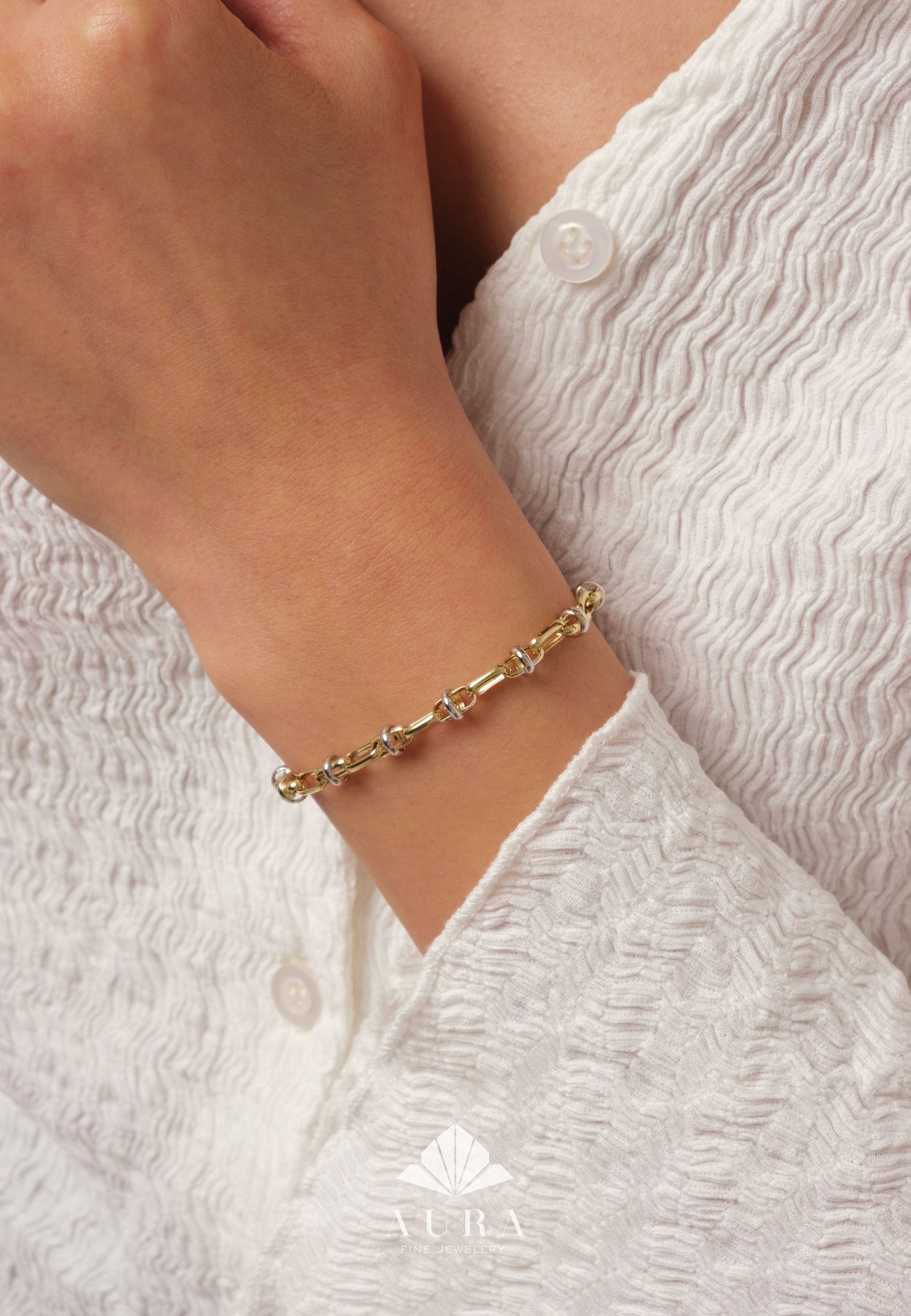 14K Gold Two Tone Chain Bracelet, Vintage Fancy Design Gold Bracelet, Rectangle Paperclip Chain, Oval Link Chain Bracelet, Gift For Her