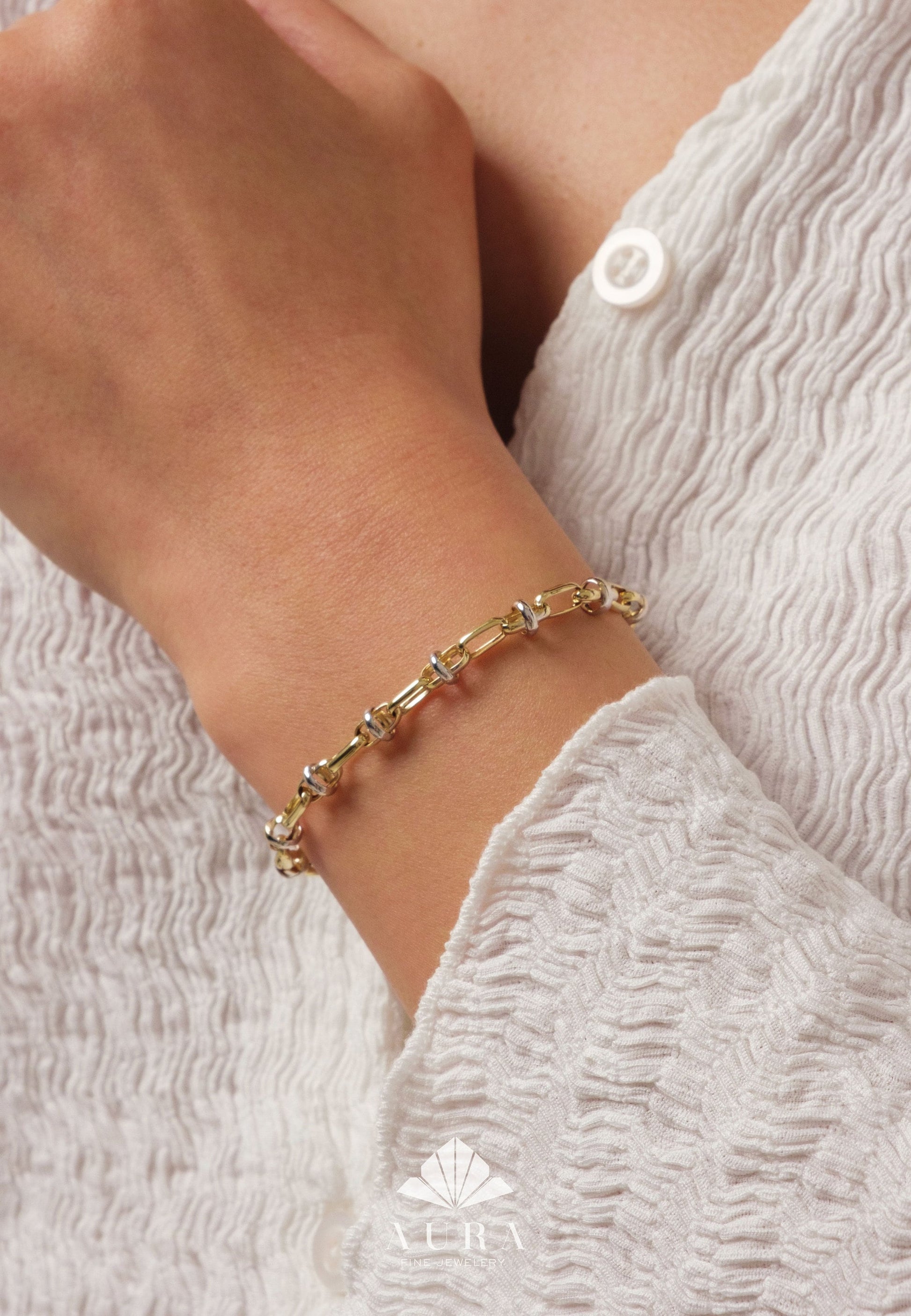 14K Gold Two Tone Chain Bracelet, Vintage Fancy Design Gold Bracelet, Rectangle Paperclip Chain, Oval Link Chain Bracelet, Gift For Her
