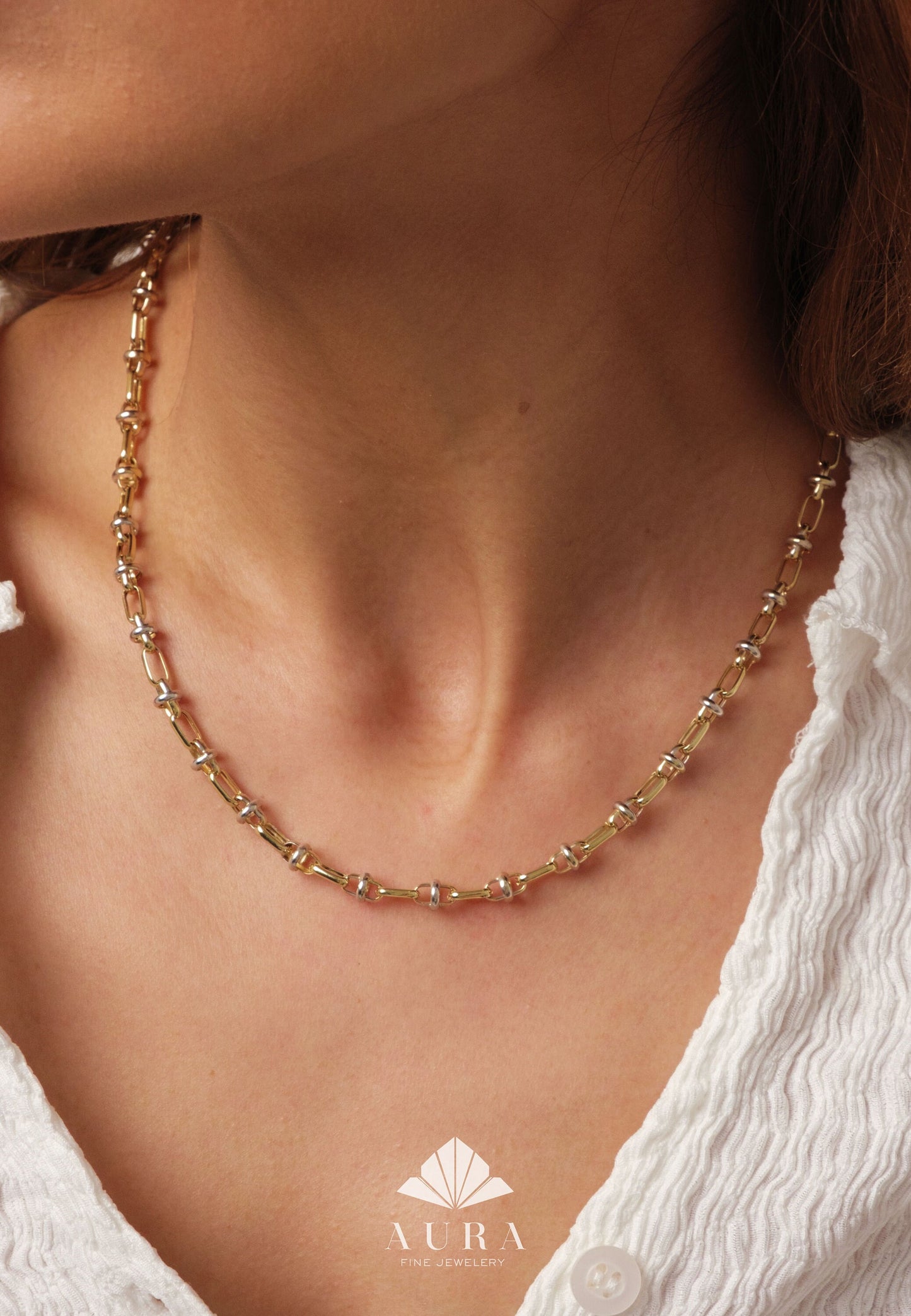14K Gold Two Tone Chain Necklace, Vintage Fancy Design Gold Necklace, Rectangle Paperclip Chain, Oval Link Chain Choker, Gift For Her