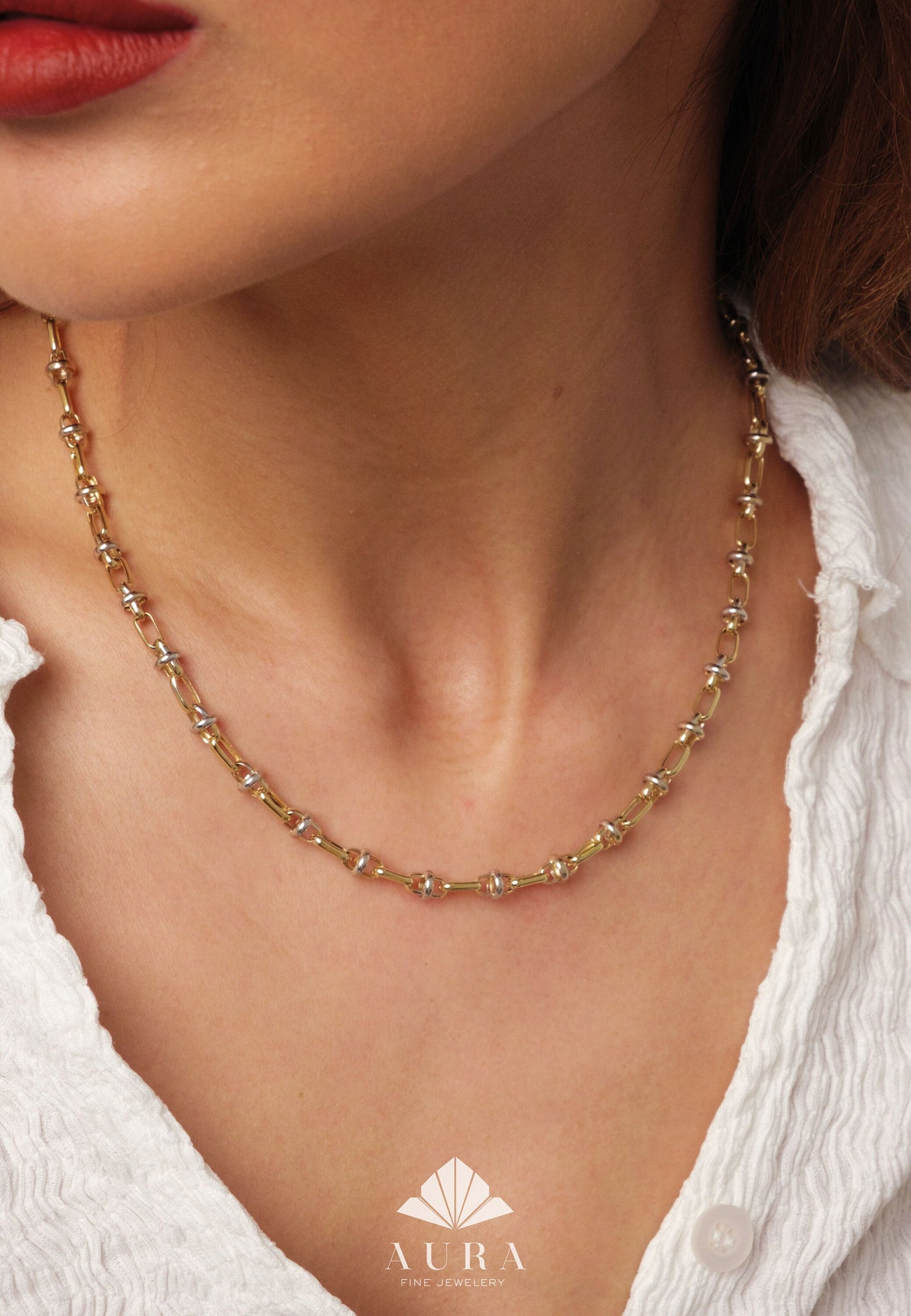 14K Gold Two Tone Chain Necklace, Vintage Fancy Design Gold Necklace, Rectangle Paperclip Chain, Oval Link Chain Choker, Gift For Her