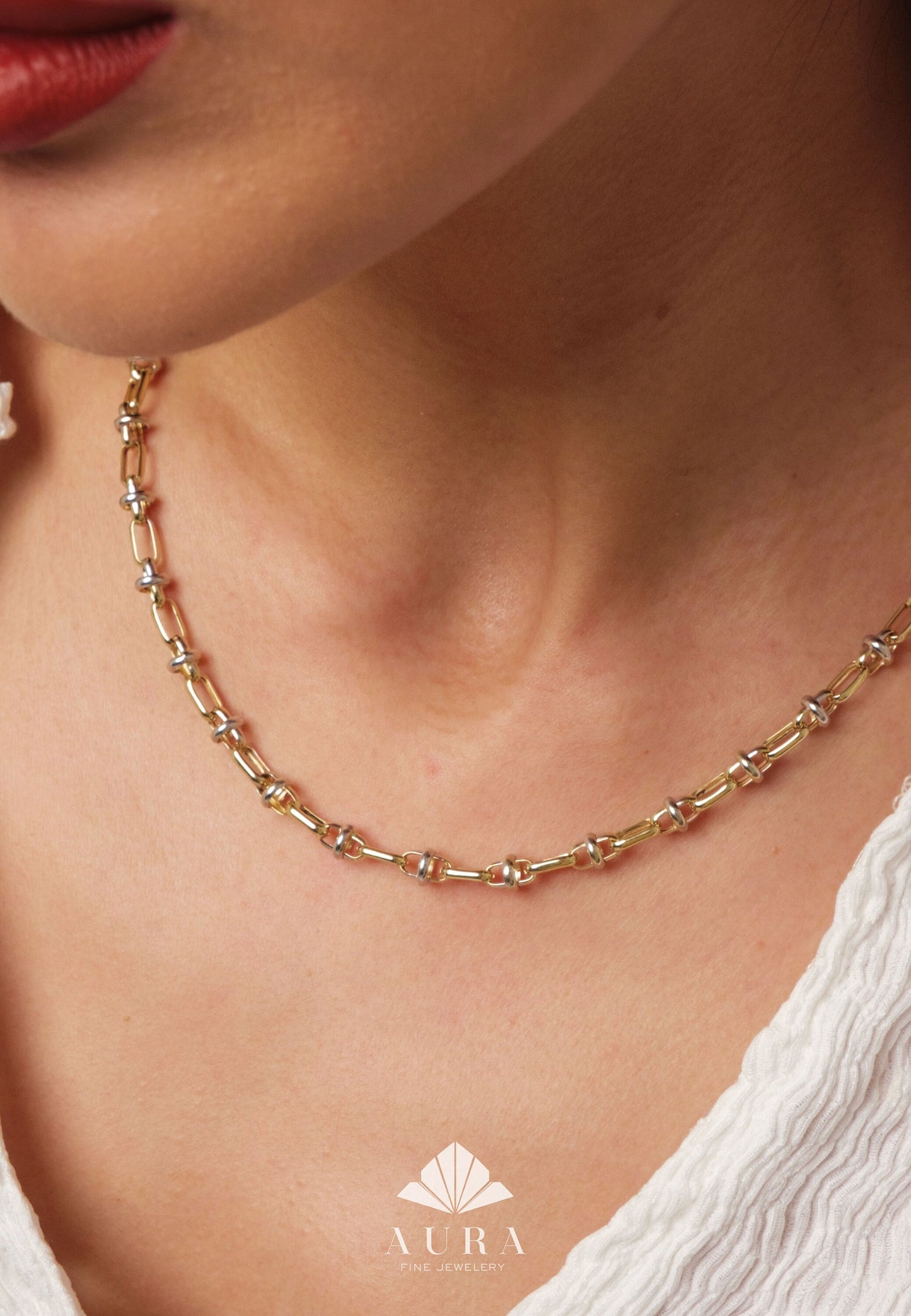 14K Gold Two Tone Chain Necklace, Vintage Fancy Design Gold Necklace, Rectangle Paperclip Chain, Oval Link Chain Choker, Gift For Her
