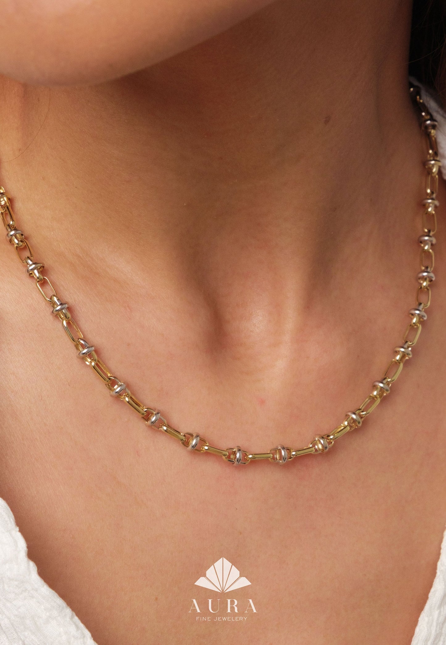 14K Gold Two Tone Chain Necklace, Vintage Fancy Design Gold Necklace, Rectangle Paperclip Chain, Oval Link Chain Choker, Gift For Her