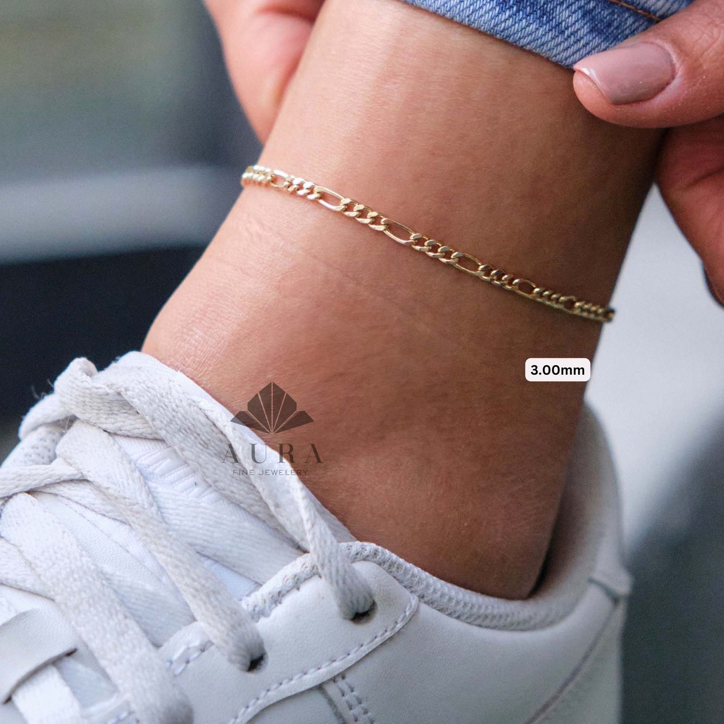 14K Gold Figaro Chain Anklet, 2mm 3mm 4mm 5mm Figaro Chain Anklet, Genuine Gold Chain Anklet, Thick Figaro Anklet, Man Woman Anklet