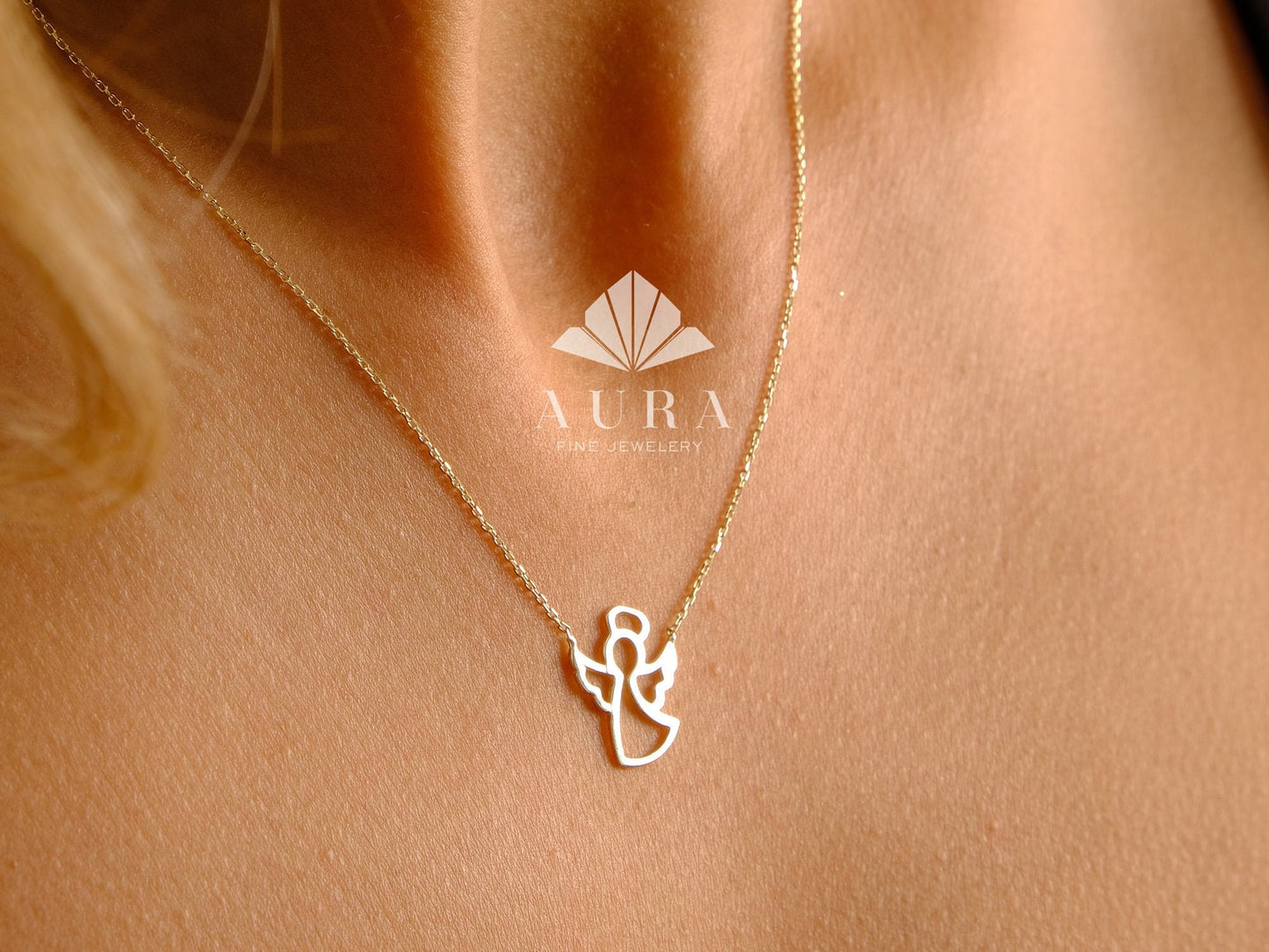 14K Gold Guardian Angel Necklace, Angel Pendant, Dainty Angel Necklace, Protection Jewelry, Angel Good Luck Charm Necklace, Christmas Gift