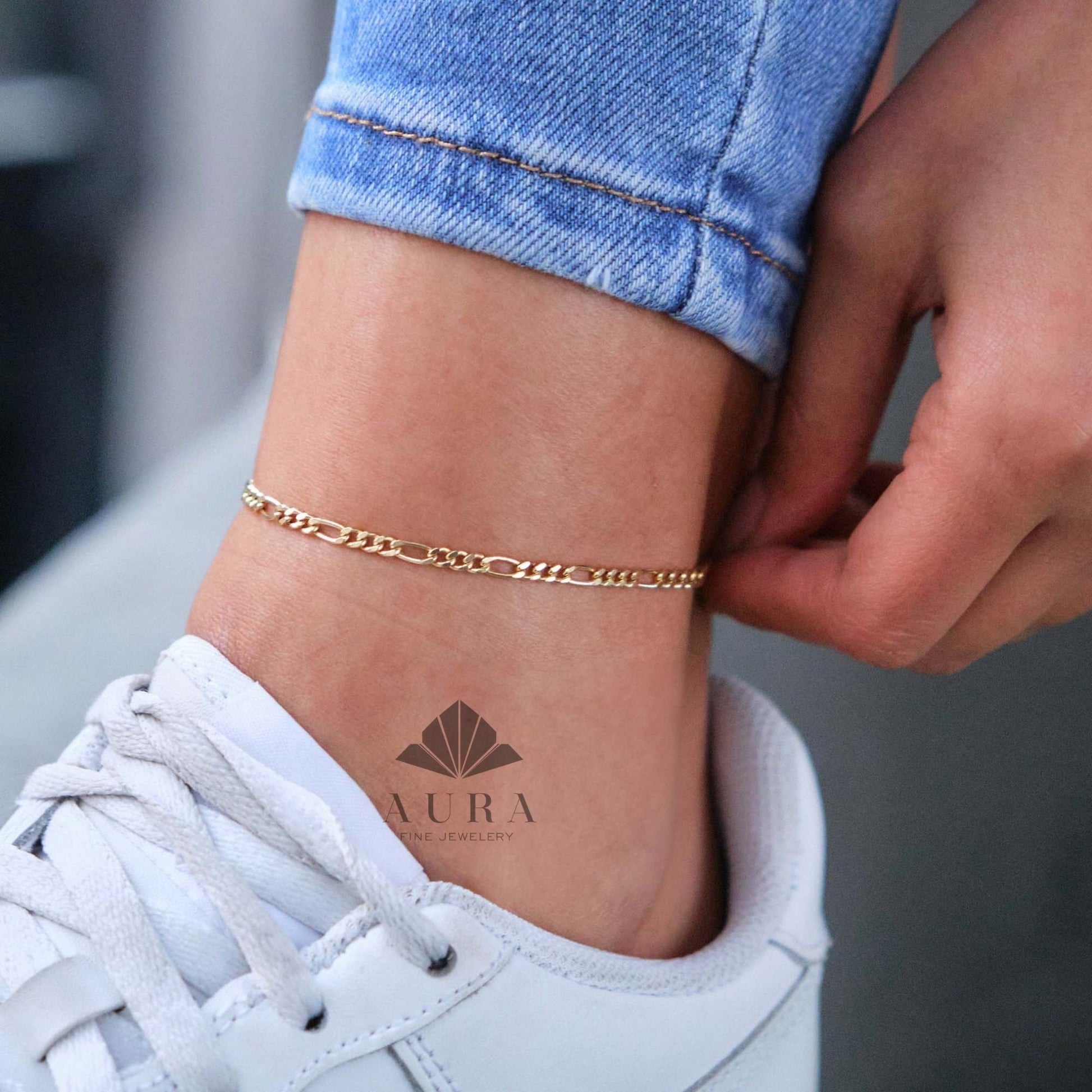 14K Gold Figaro Chain Anklet, 2mm 3mm 4mm 5mm Figaro Chain Anklet, Genuine Gold Chain Anklet, Thick Figaro Anklet, Man Woman Anklet