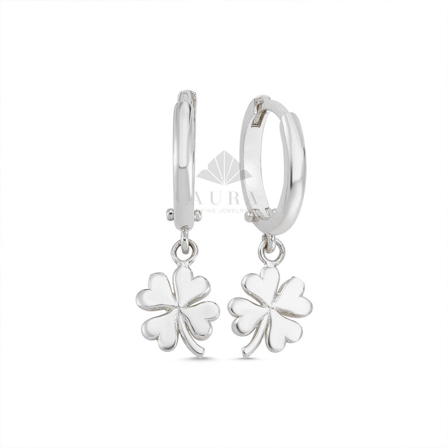 14K Gold Clover Earrings, Four Leaf Clover Dangle Hoops, Shamrock Hoop Huggies, Good Luck Earrings, Clover Charm, Bridesmaid Jewelry