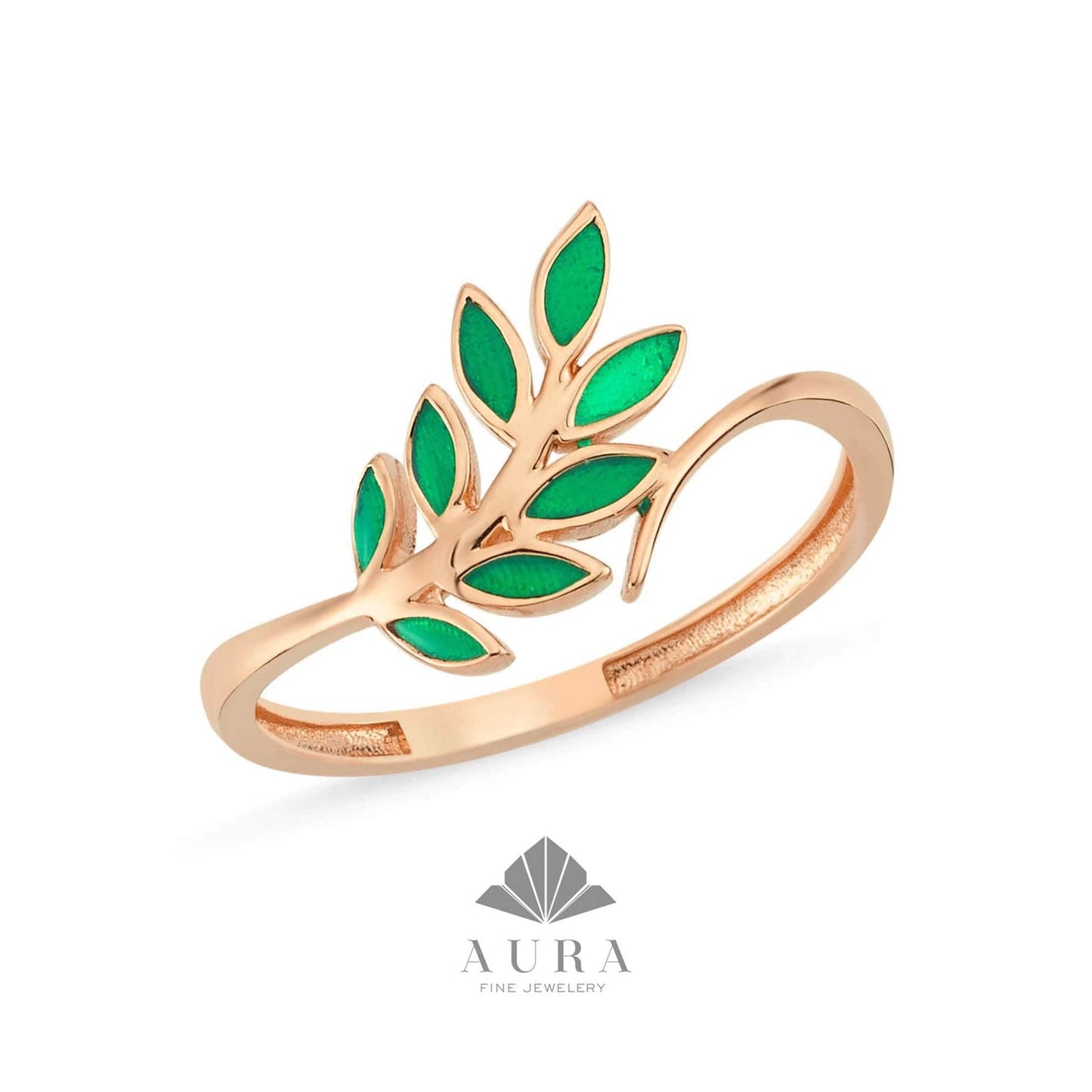 14K Gold Leaf Ring, Olive Leaf Ring, Marquise Green Vine Ring, Botanical Ring, Eternity Wedding Band, Unique Floral Engagement Curve Ring