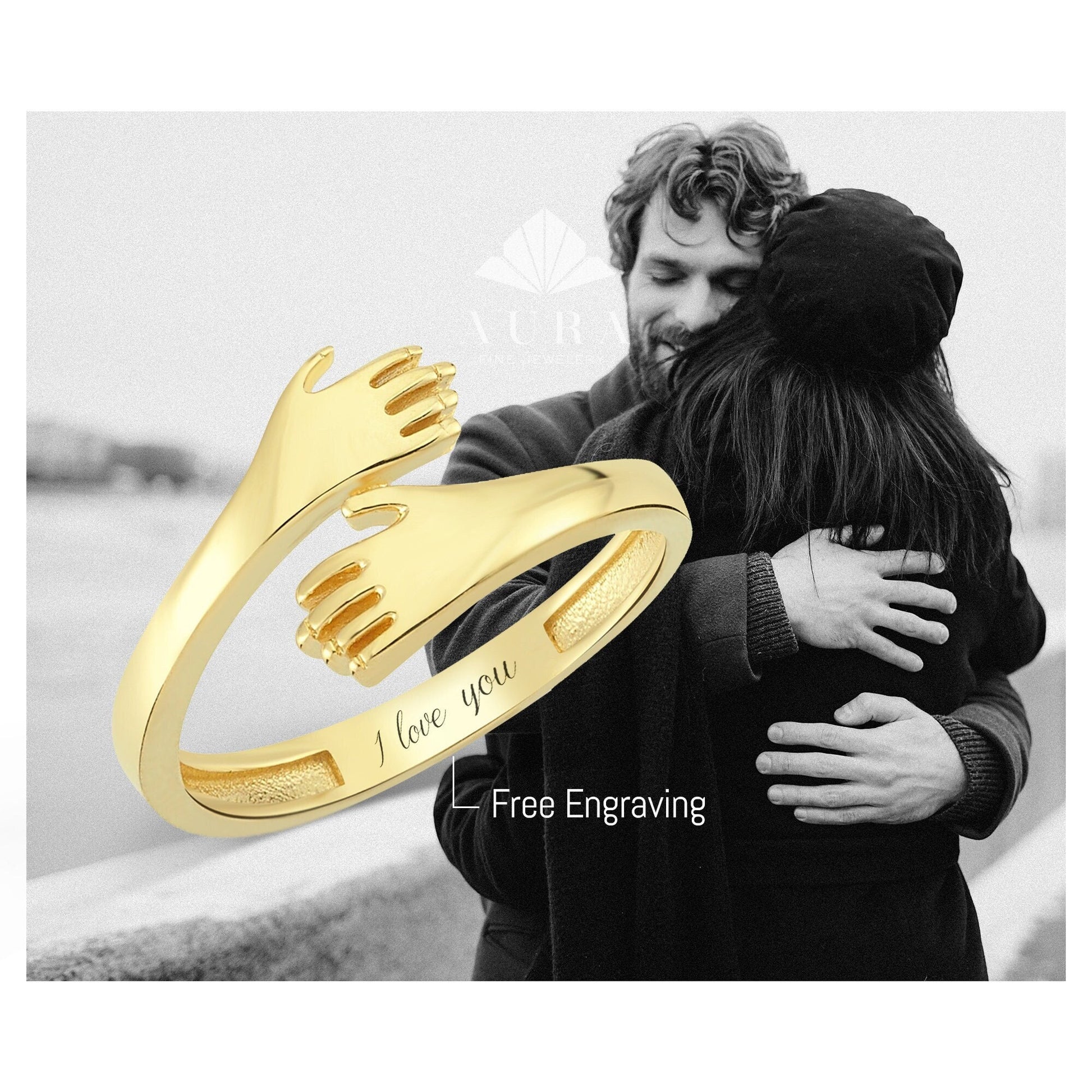 14K Gold Hug Ring, Dainty Love Band Ring, Hugging Hands Ring, Two Hand Gold Ring, Small Promise Ring Gold, Minimalist I Love You Ring