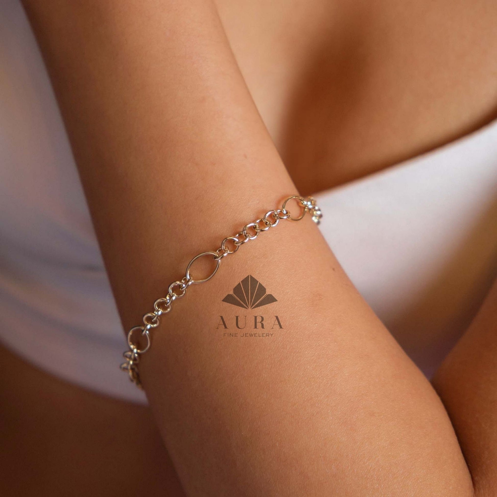 14K Gold O Shape Anklet, Paperclip Anklet, Oval Cable Chain Anklet, Round Layering Chain Links, Figaro Handmade Anklet