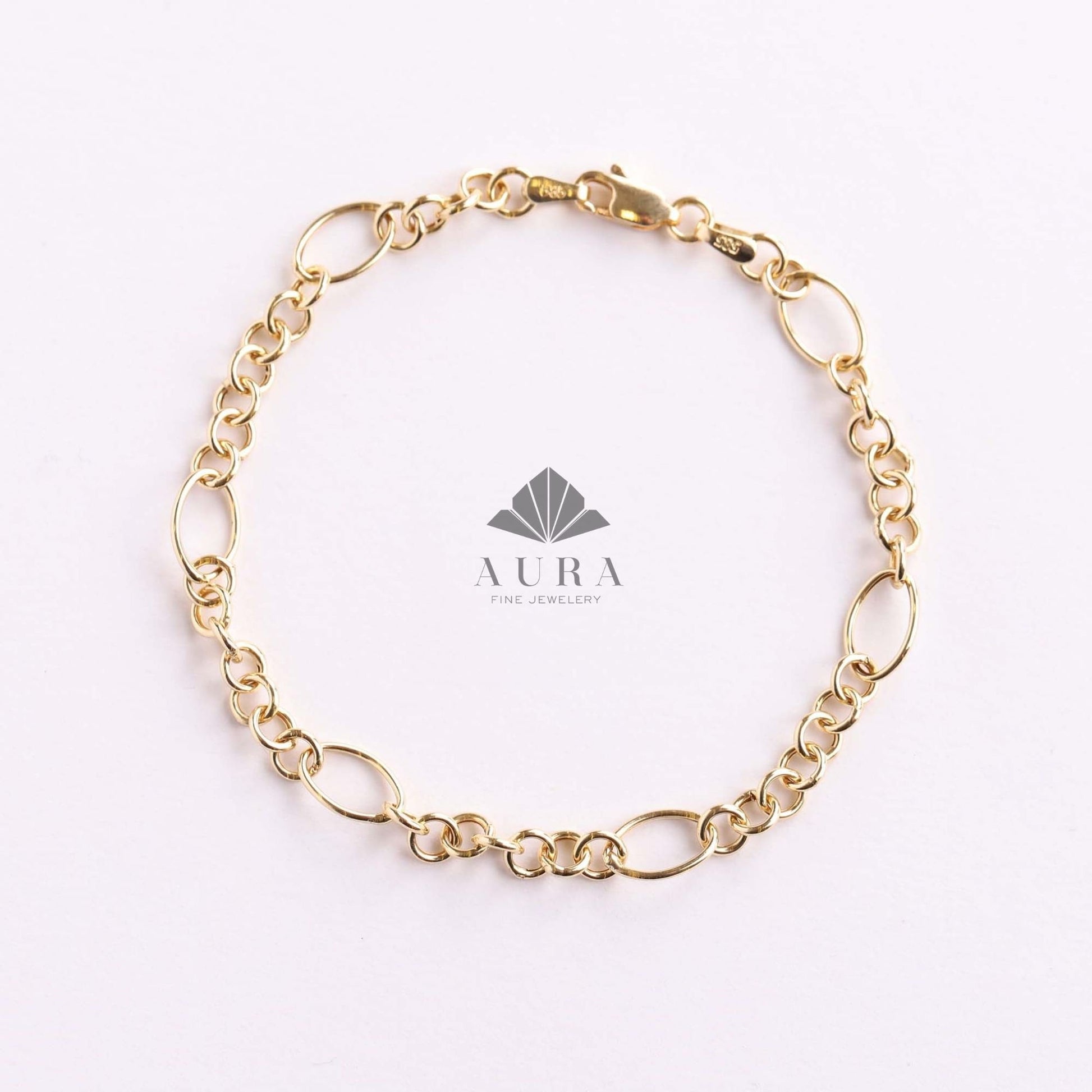 14K Gold O Shape Necklace, Paperclip Necklace, Oval Cable Chain Necklace, Round Layering Chain Links, Figaro Handmade Necklace