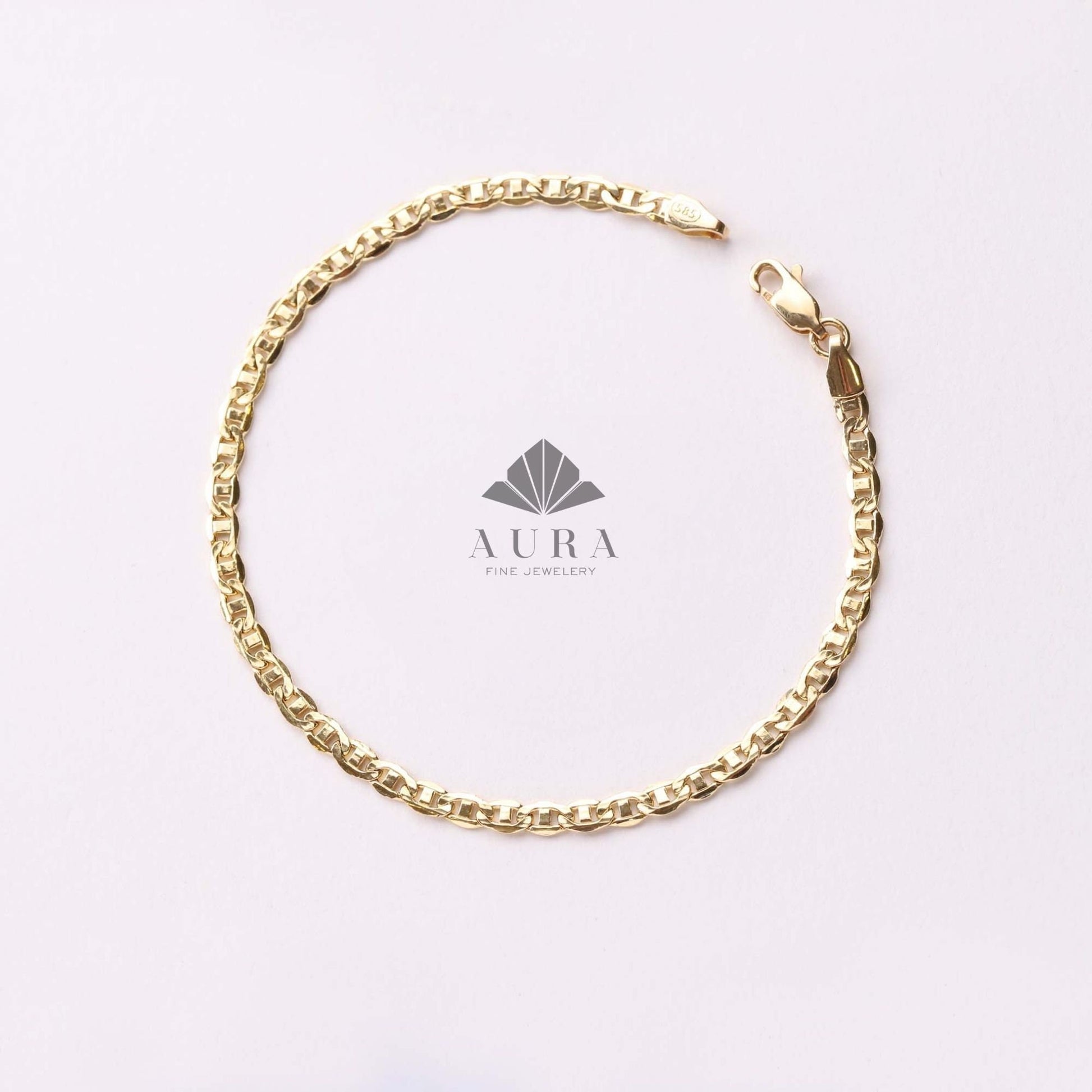 14K Gold Mariner Bracelet, 3mm 4mm Mariner Chain Bracelet, Flat Anchor Bracelet, Real Gold Bracelet, Men Women Bracelet, Christmas Gift