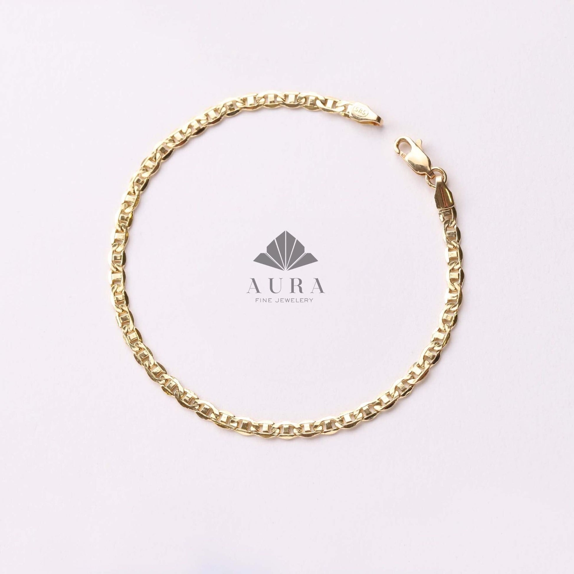 14K Gold Mariner Anklet, 3mm 4mm Mariner Chain Anklet, Flat Anchor Anklet, Real Gold Anklet, Men Women Anklet, Christmas Gift