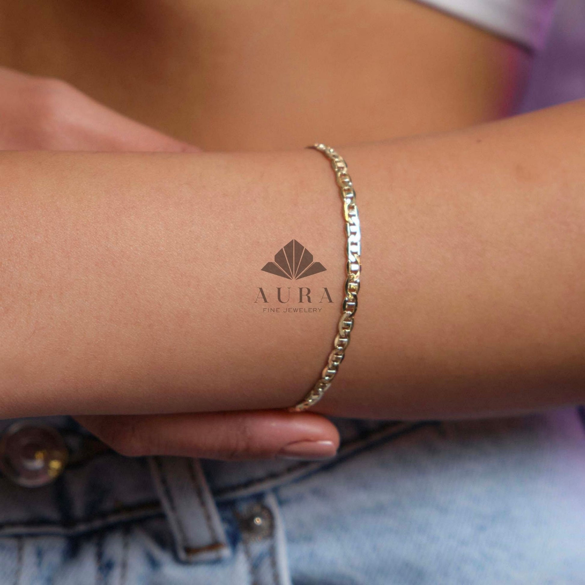 14K Gold Mariner Bracelet, 3mm 4mm Mariner Chain Bracelet, Flat Anchor Bracelet, Real Gold Bracelet, Men Women Bracelet, Christmas Gift