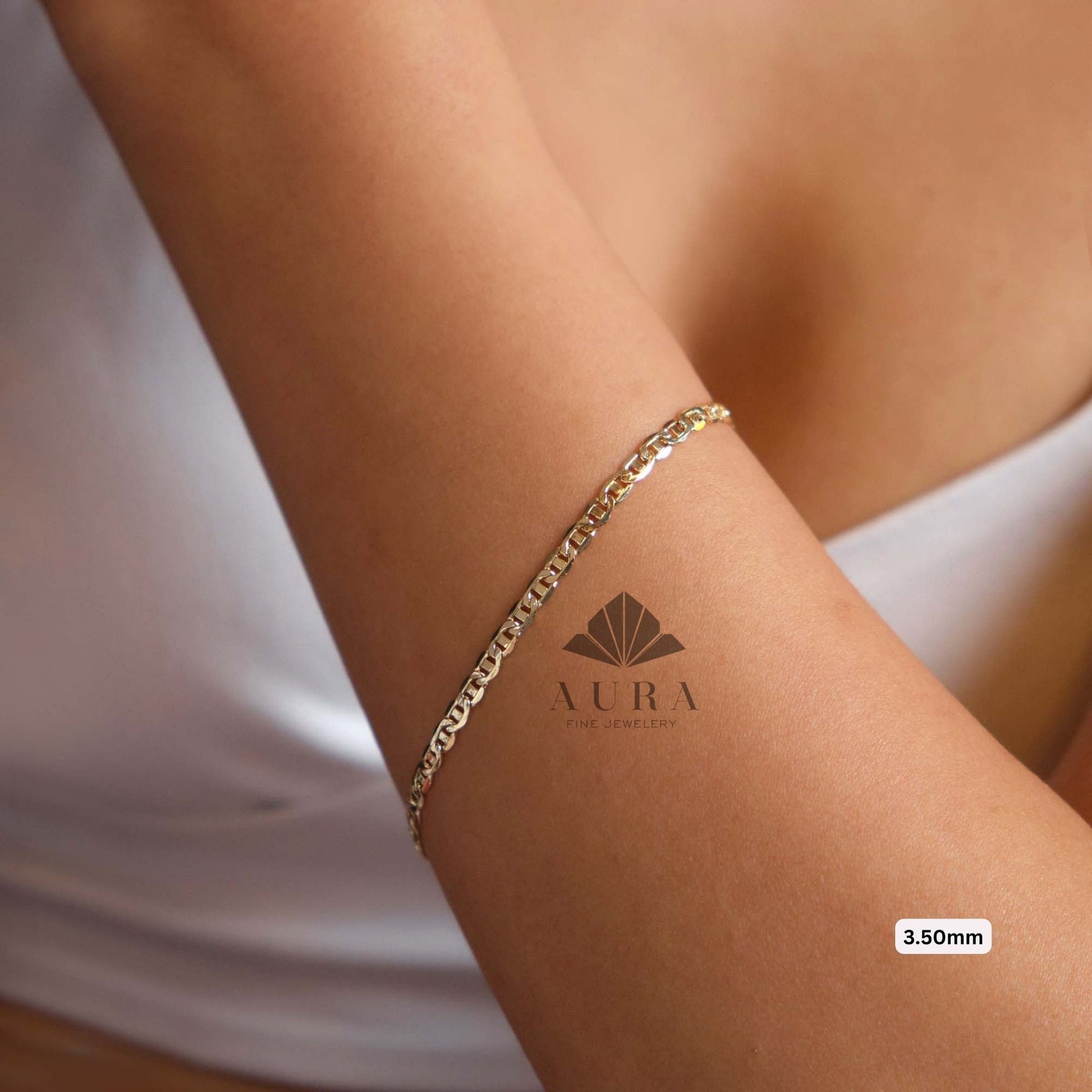 14K Gold Mariner Bracelet, 3mm 4mm Mariner Chain Bracelet, Flat Anchor Bracelet, Real Gold Bracelet, Men Women Bracelet, Christmas Gift