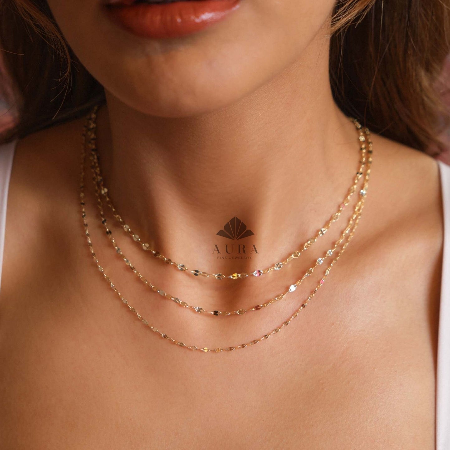 14K Gold Sequin Necklace, Sparkle Chain Necklace, 2mm 3mm 4mm Gold Glitter Necklace, Mirror Faceted Chain Necklace, Thin Chain Necklace