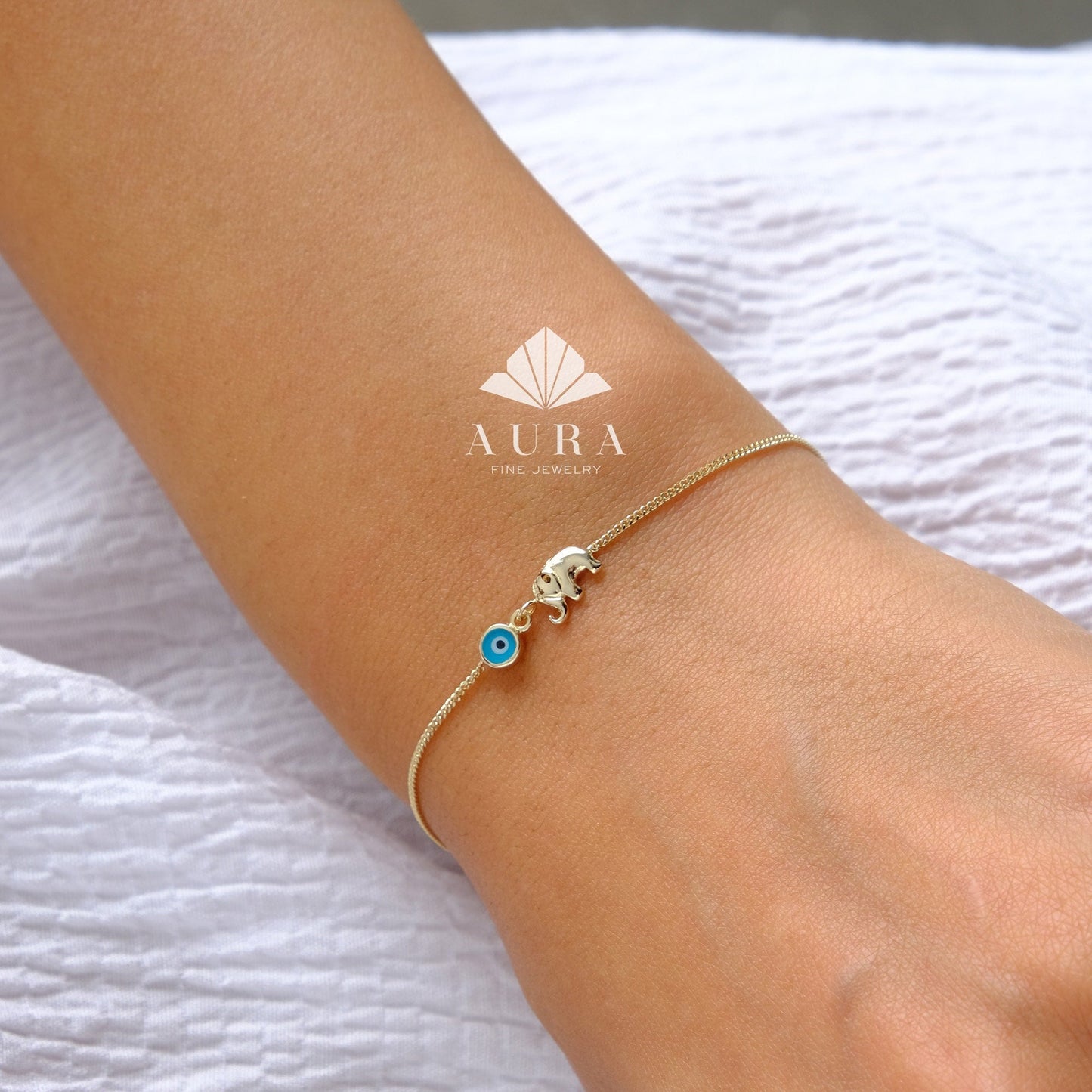 14K Gold Elephant Bracelet, Evil Eye Charm Bracelet, Third Eye Stacking Bracelet, Good Luck Blue Eye Nazar, Minimalist Animal Jewelry