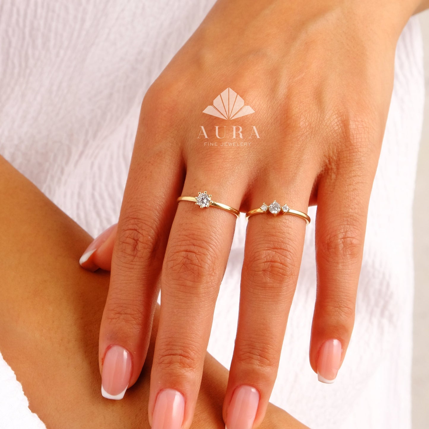 14K Solid Gold Three Stone CZ Ring, Dainty Triple CZ Band, Minimalist Stackable Ring, Promise Ring, Delicate Engagement Ring, Gift for Her
