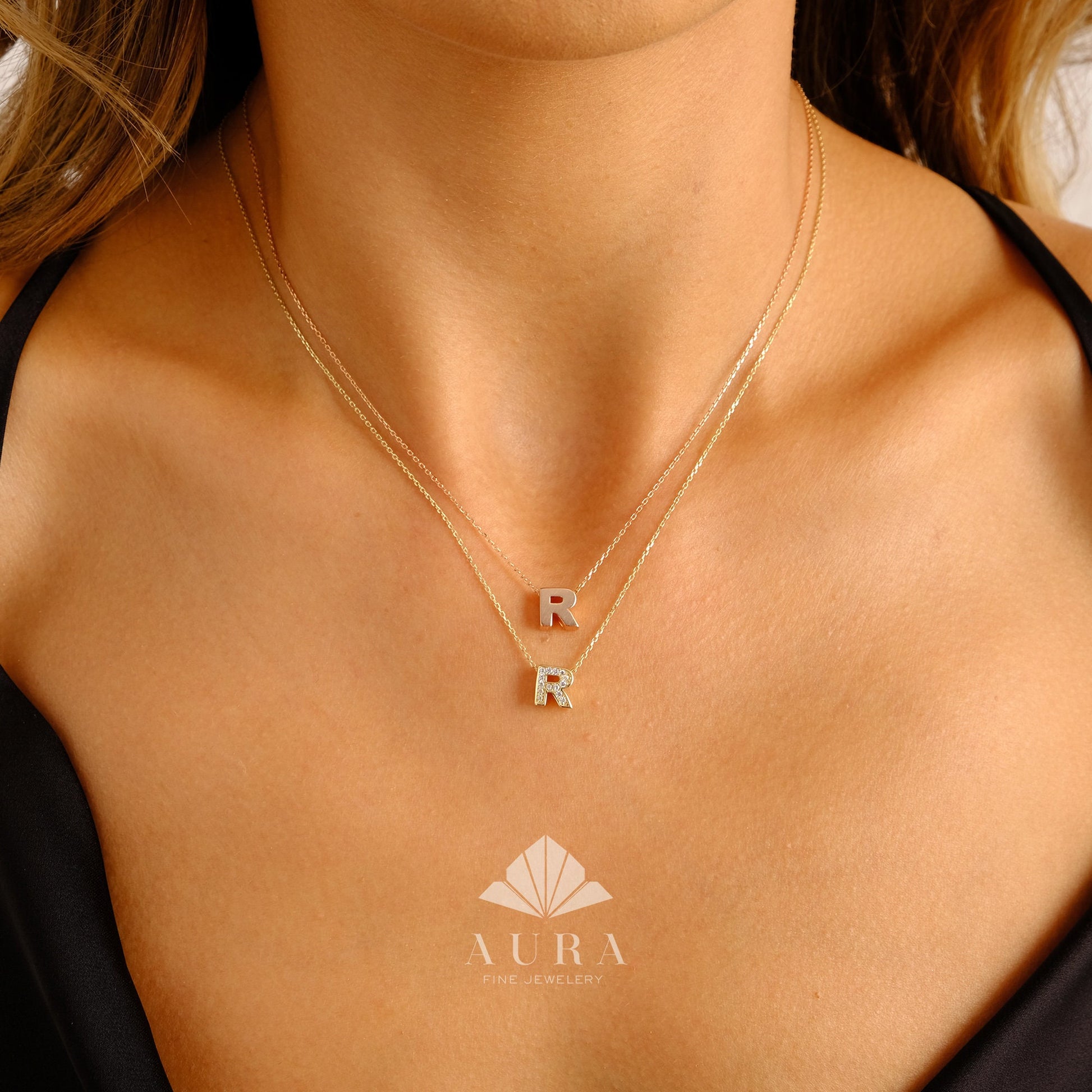 14K Gold Initial Necklace, Cz Diamond Letter Pendant, Custom Initial Necklace, Letter Name Choker, Personalized Necklace, Gift For Her