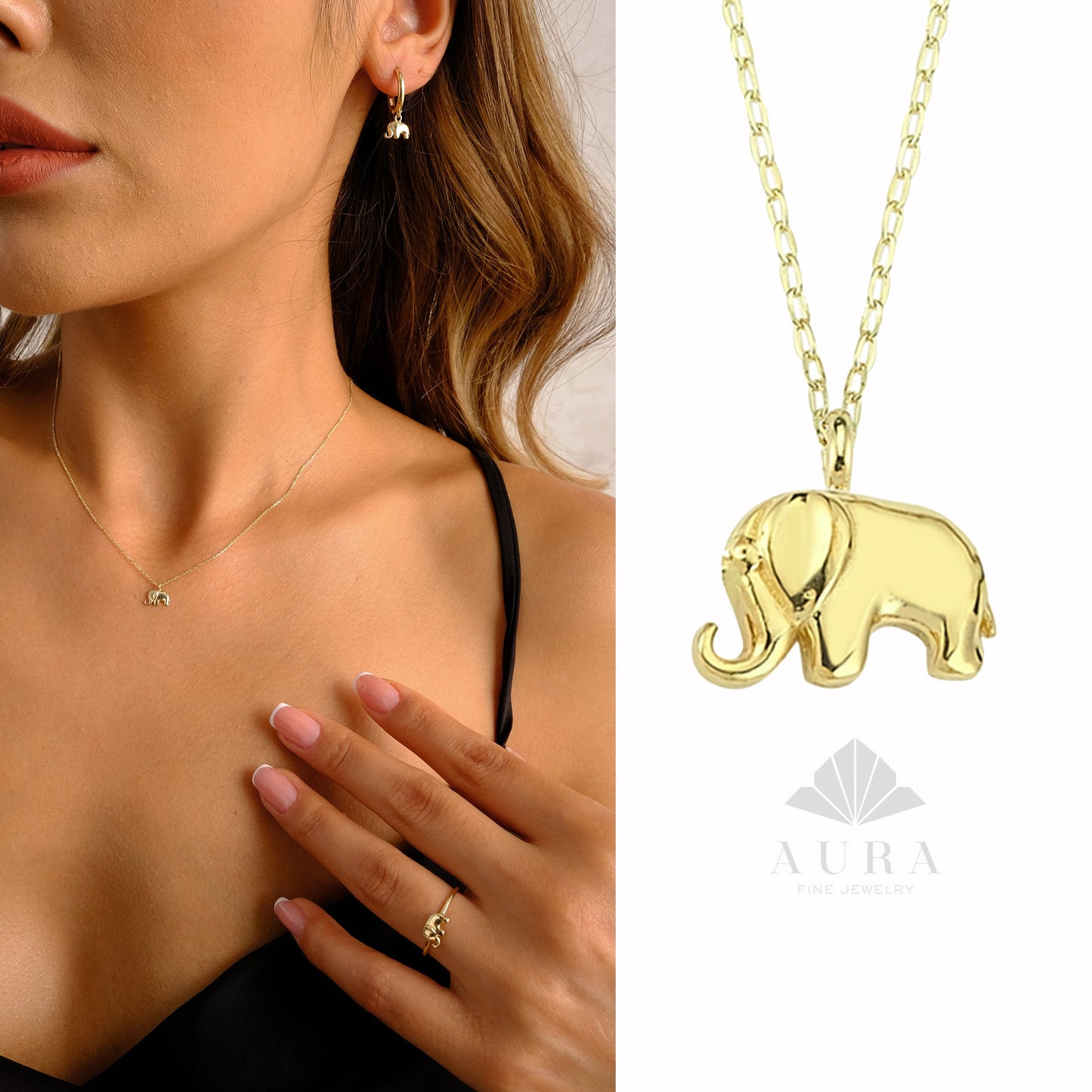 14K Gold Elephant Necklace, Elephant Pendant Necklace, Tiny Elephant Charm, Dainty Gold Chain Choker, Animal Jewelry, Gift For Her
