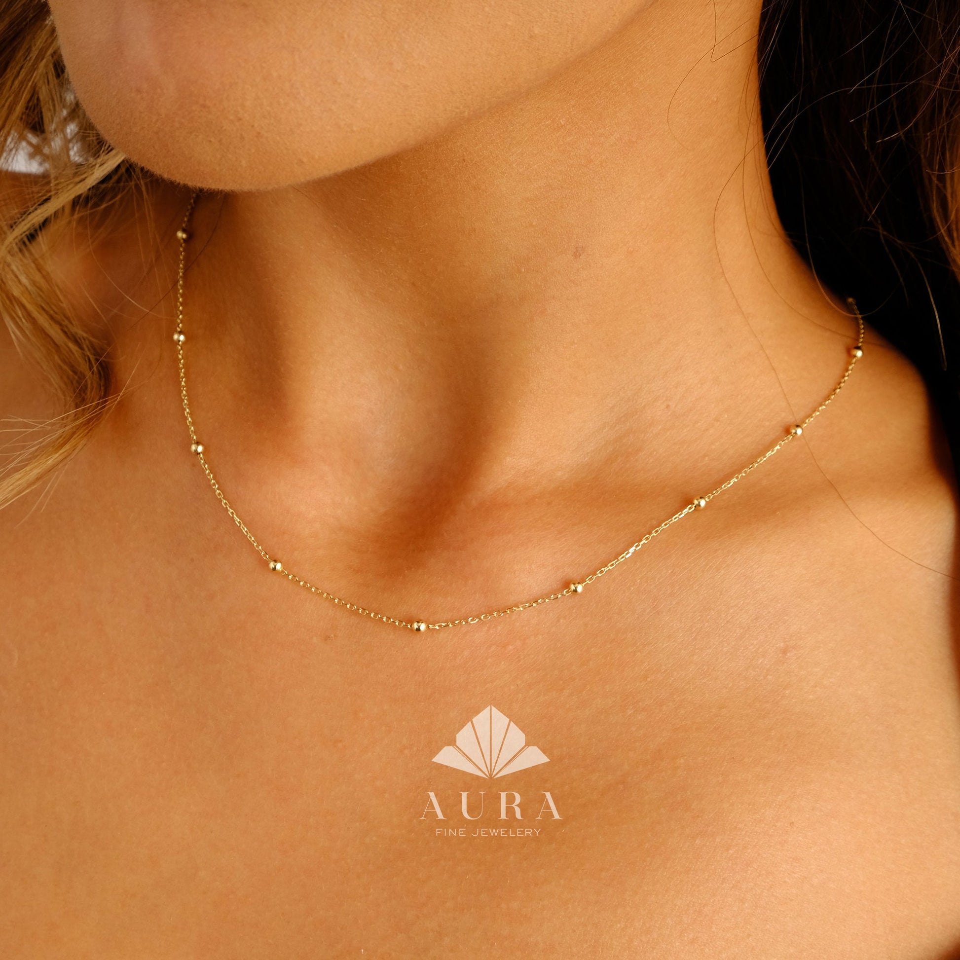 14K Gold Beaded Satellite Necklace, Dainty Gold Choker, Layering Chain Necklace, Minimalist Jewelry, Choker Necklace, Elegant Gift for Her