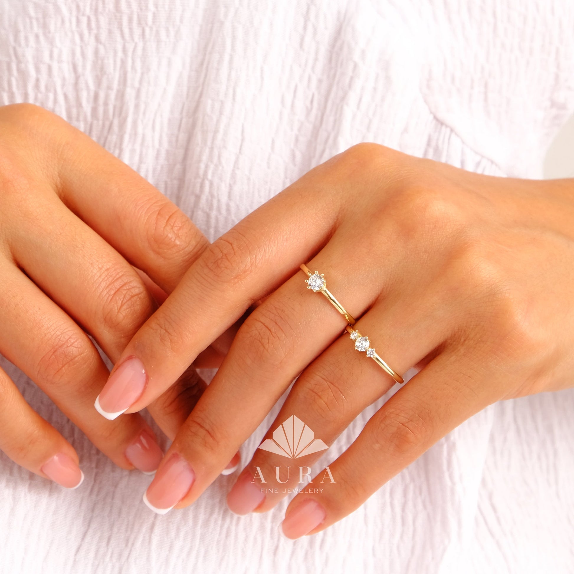 14K Solid Gold Three Stone CZ Ring, Dainty Triple CZ Band, Minimalist Stackable Ring, Promise Ring, Delicate Engagement Ring, Gift for Her