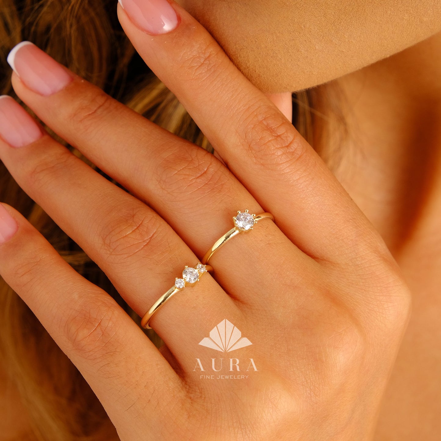 14K Solid Gold Three Stone CZ Ring, Dainty Triple CZ Band, Minimalist Stackable Ring, Promise Ring, Delicate Engagement Ring, Gift for Her