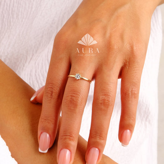 14K Gold CZ Diamond Solitaire Ring, Solitaire Diamond Ring, Single Stone Promise Ring, Simple Diamond Ring, Thin Band Ring, Stacking Ring