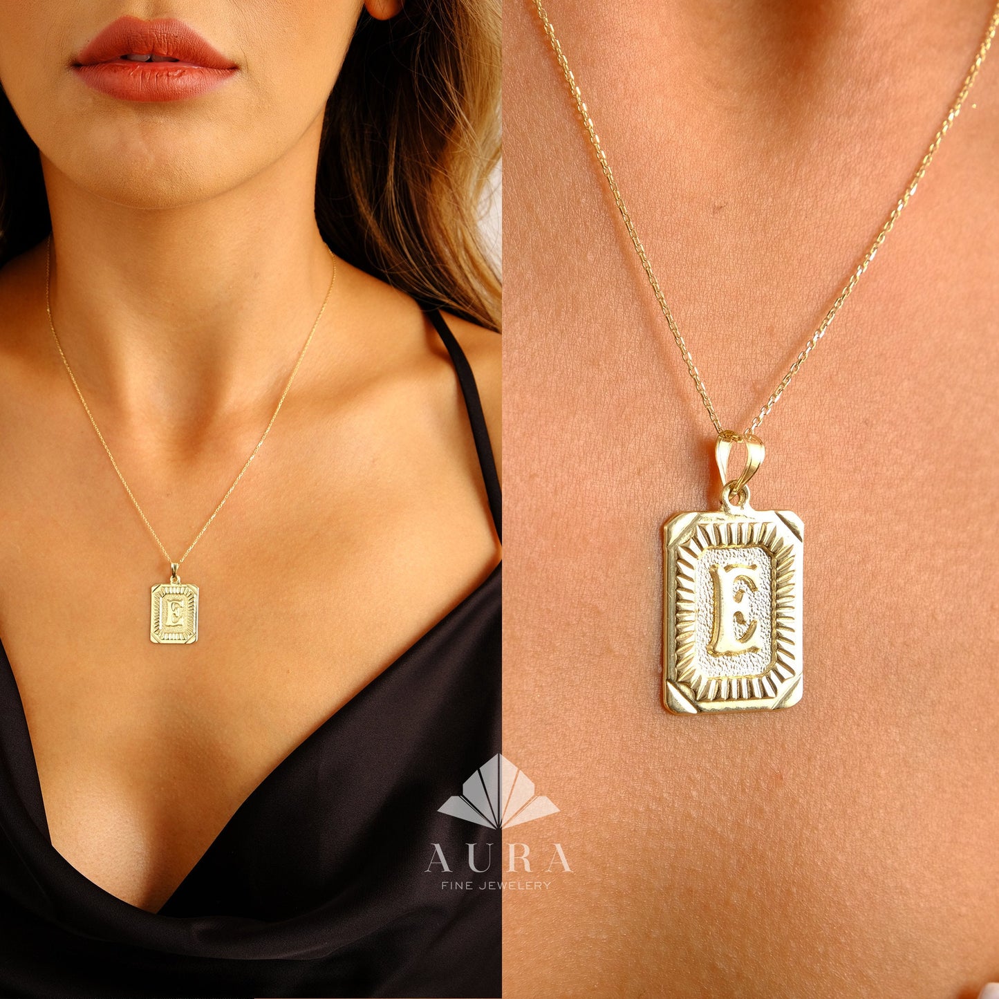 14K Gold Initial Necklace, Rectangle Letter Pendants, Retro Initial Necklace, Personalized Letter, Custom Gift for Her