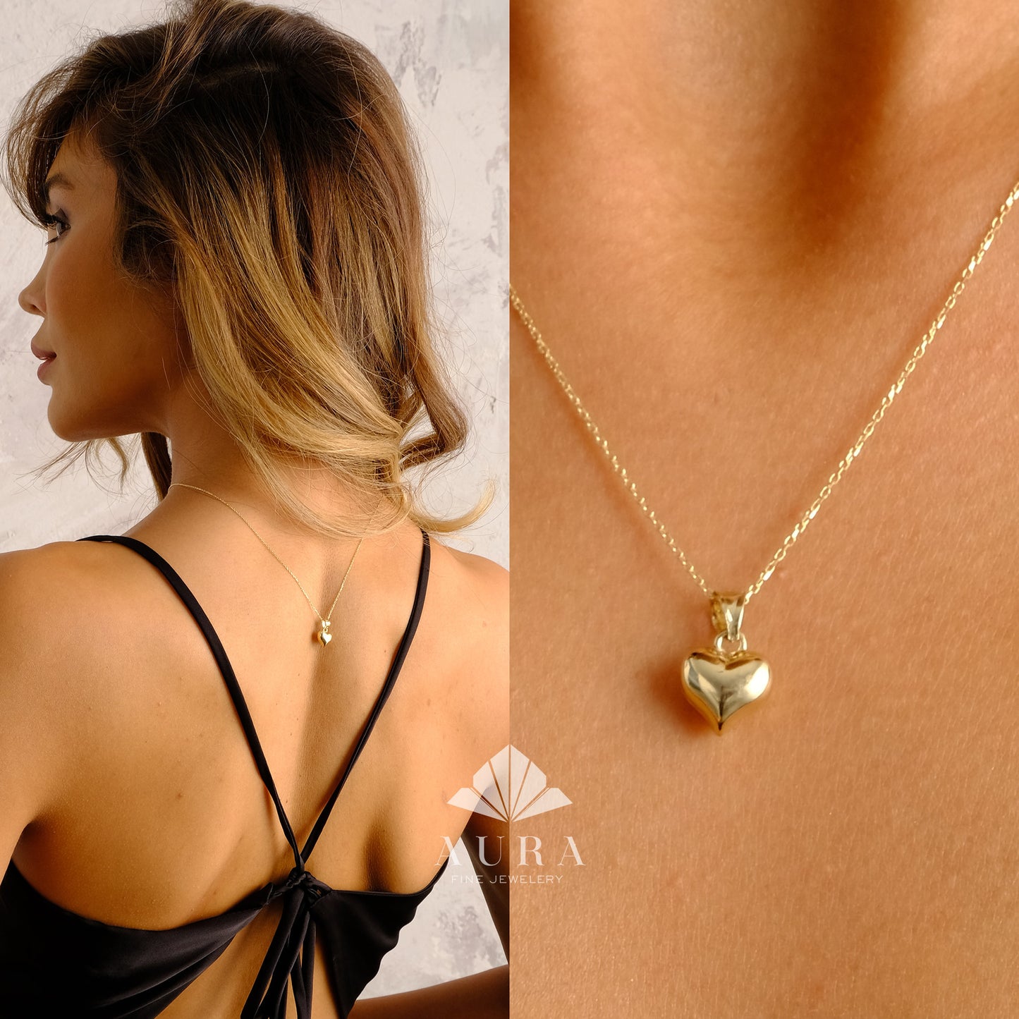 14K Gold Puffed Heart Necklace, 3D Heart Pendant, Gold Love Choker, Mini Heart Charm, Dainty Heart Necklace, Gift For Her