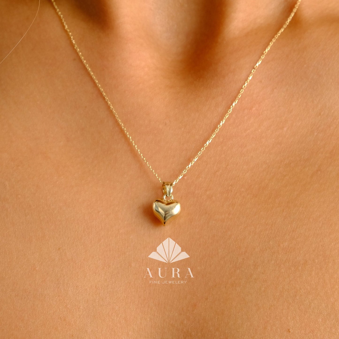 14K Gold Puffed Heart Necklace, 3D Heart Pendant, Gold Love Choker, Mini Heart Charm, Dainty Heart Necklace, Gift For Her