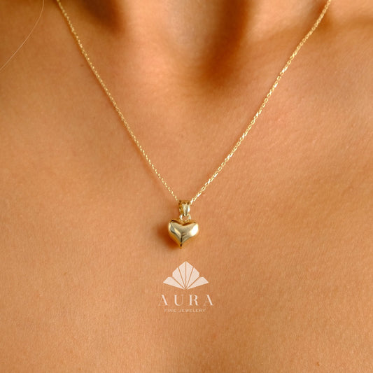 14K Gold Puffed Heart Necklace, 3D Heart Pendant, Gold Love Choker, Mini Heart Charm, Dainty Heart Necklace, Gift For Her