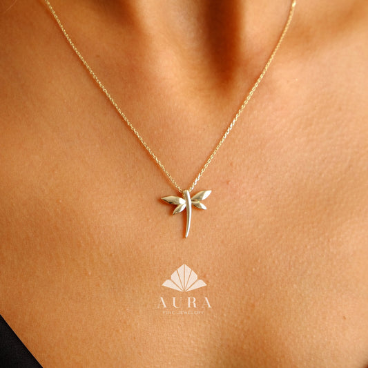 14K Gold Dragonfly Necklace, Dragonfly Charm Pendant