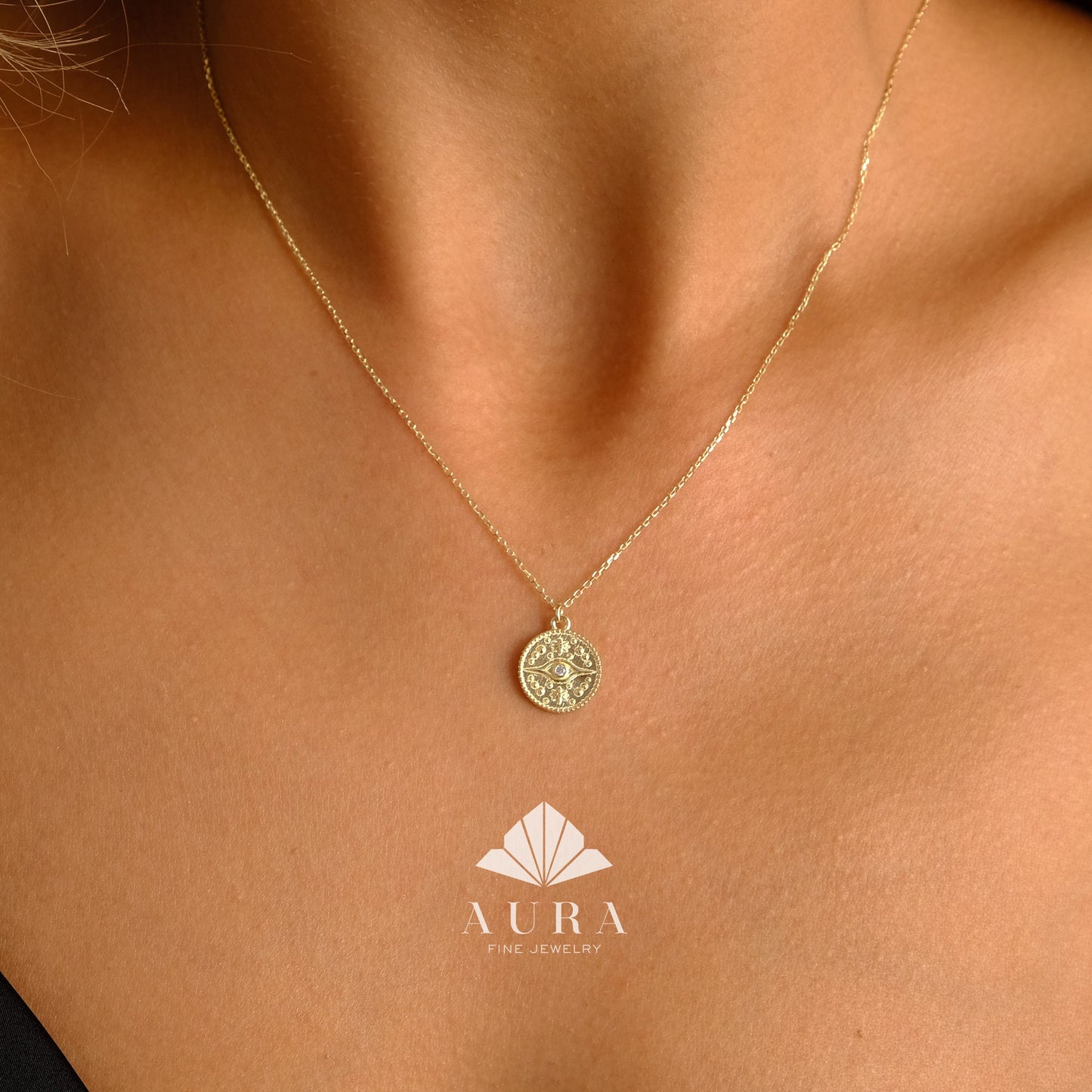 14K Gold Evil Eye Necklace, Medallion Third Eye Necklace, CZ Diamond Coin Pendant Necklace, Protection Charm, Minimalist Eye Necklace Women