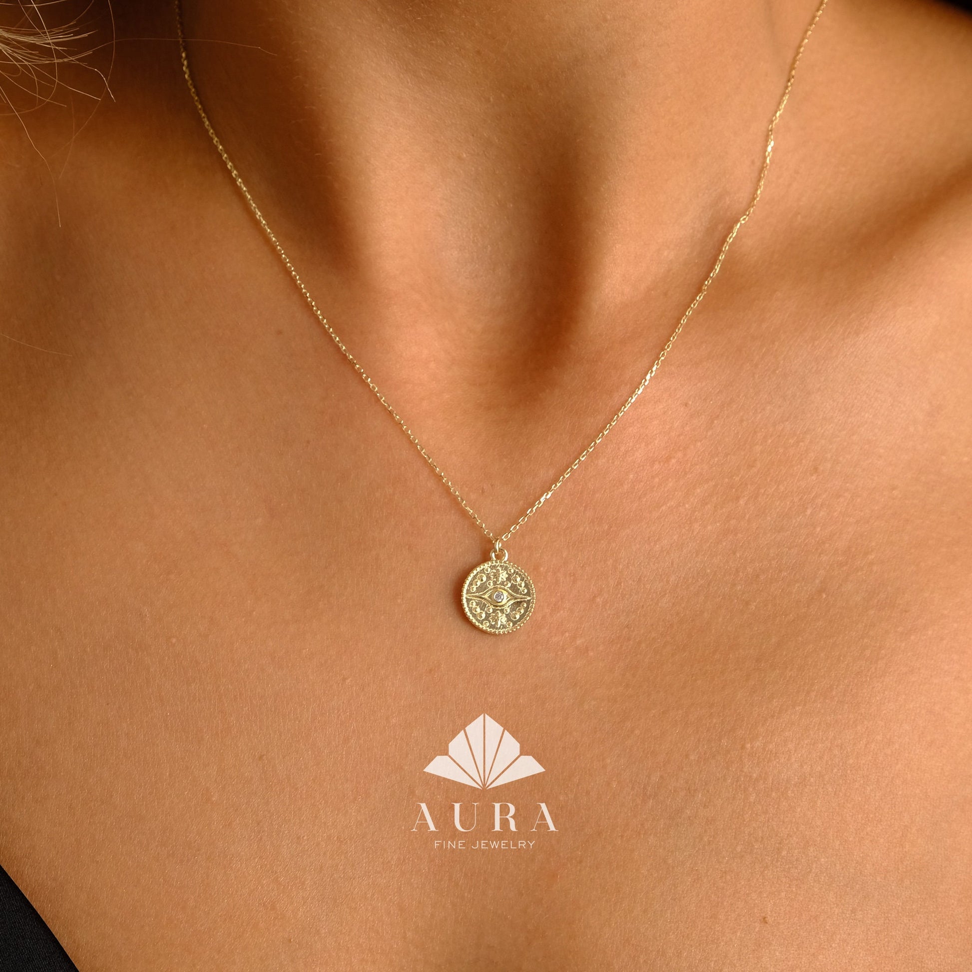 14K Gold Evil Eye Necklace, Medallion Third Eye Necklace, CZ Diamond Coin Pendant Necklace, Protection Charm, Minimalist Eye Necklace Women