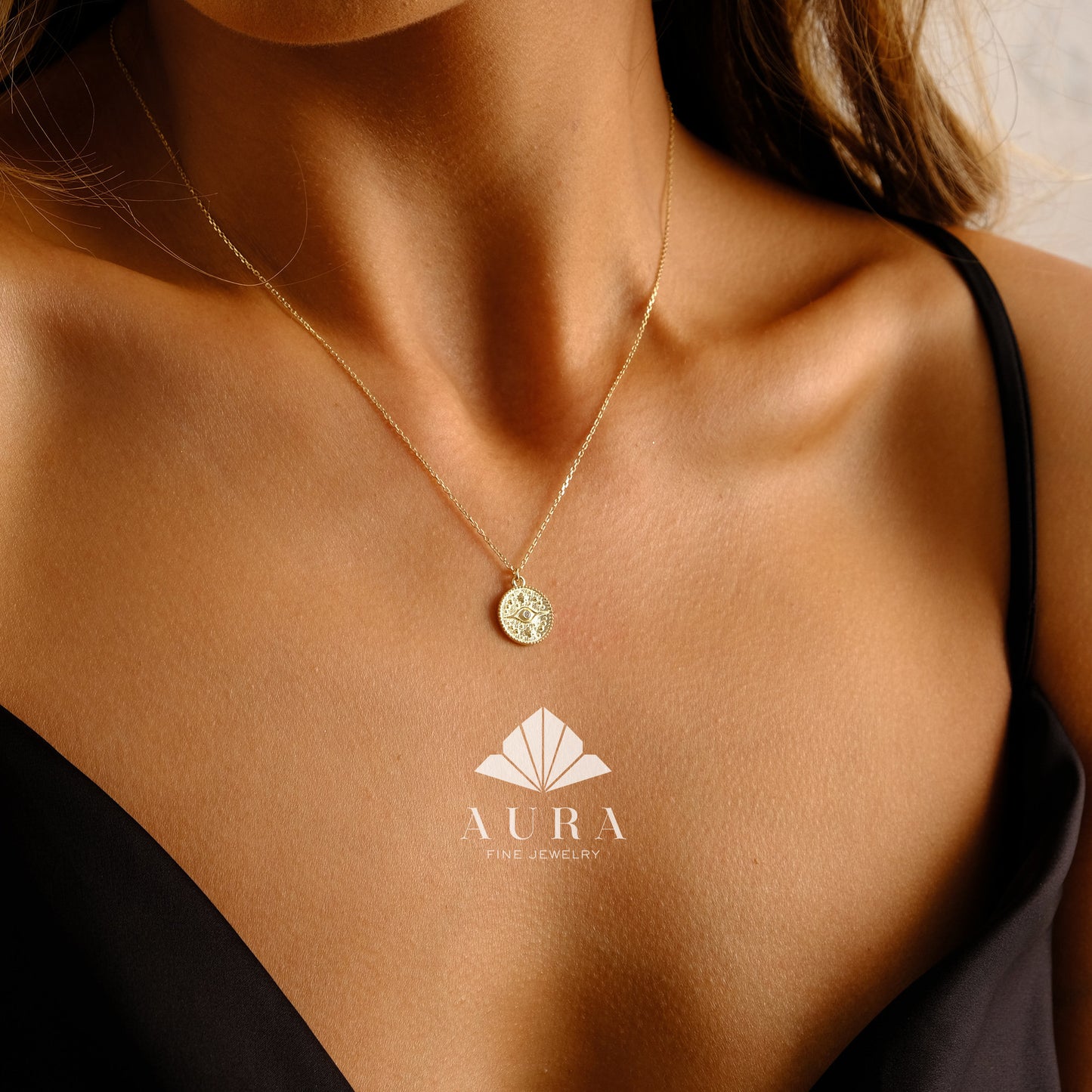14K Gold Evil Eye Necklace, Medallion Third Eye Necklace, CZ Diamond Coin Pendant Necklace, Protection Charm, Minimalist Eye Necklace Women