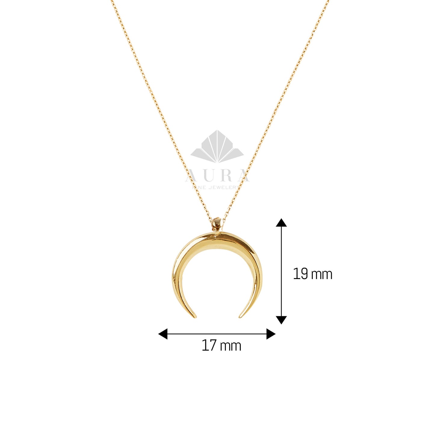 14K Gold Crescent Moon Necklace, Gold Horn Charm Pendant, Dainty Gold Necklace, Moon Charm Necklace, Double Horn Necklace, Gift for Her